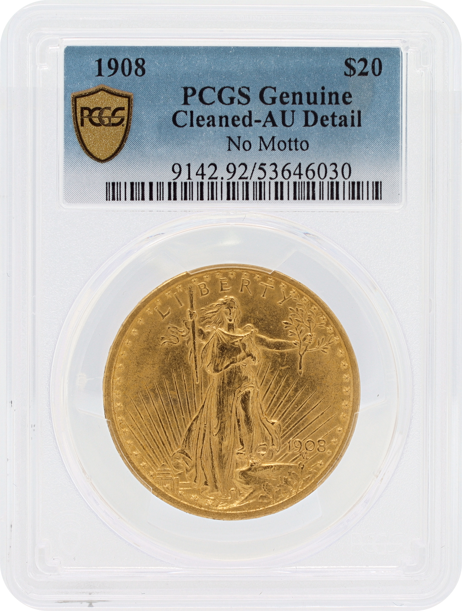 1908 $20 St. Gaudens Gold Coin. PCGS Genuine - AU - Cleaned N518139