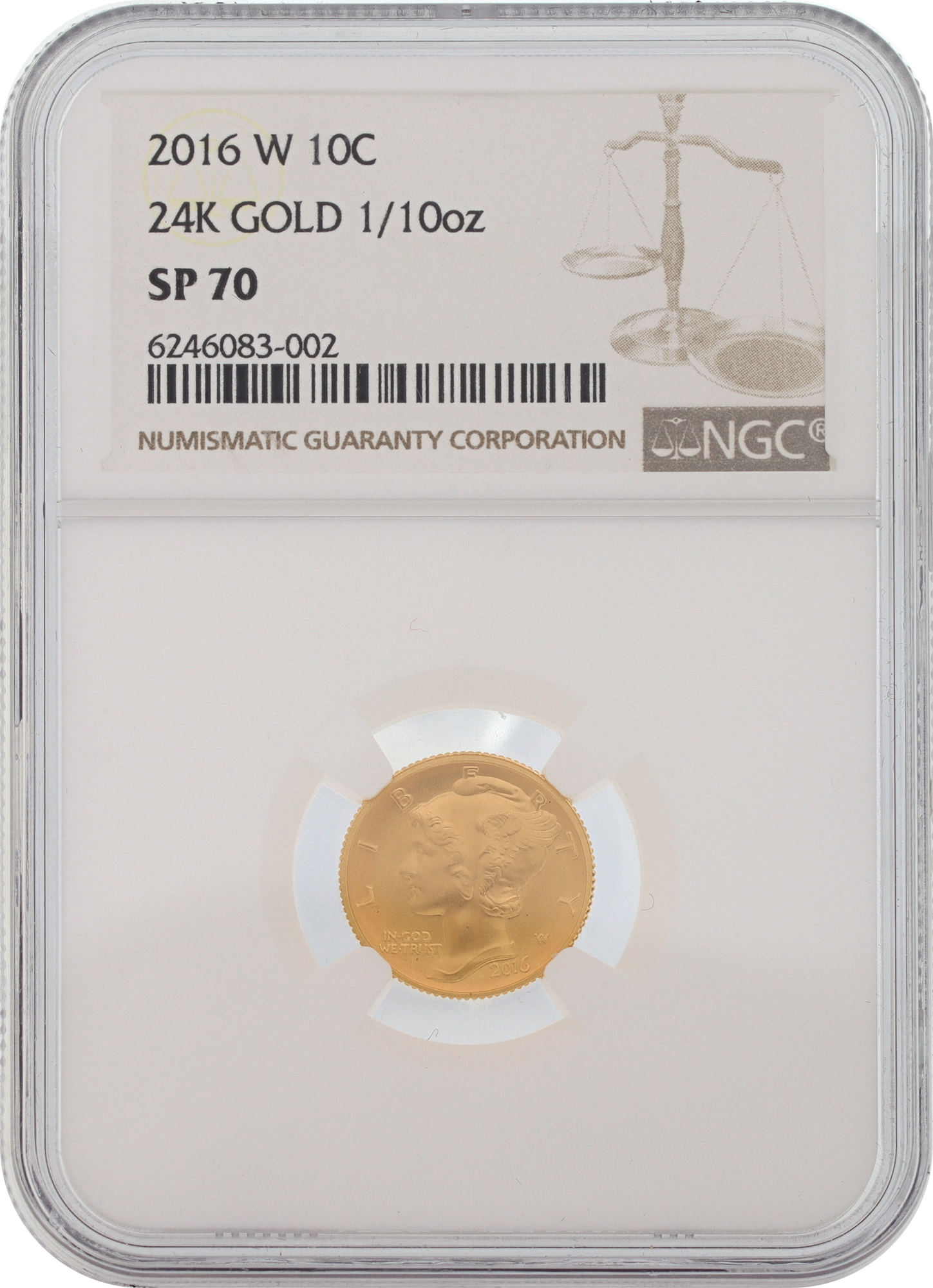 2016 10¢ Gold Coin Au 24k 1/10oz. This coin is graded NGC SP