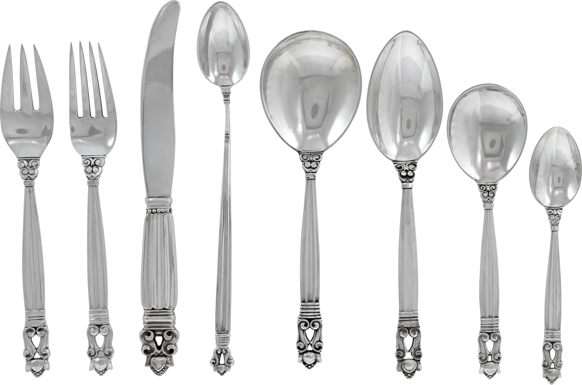 ACORN Sterling Silver Flatware Set patented by Georg Jensen in 1915. TOTAL: 102 pieces over 125 troy ounces of .925 sterling silver