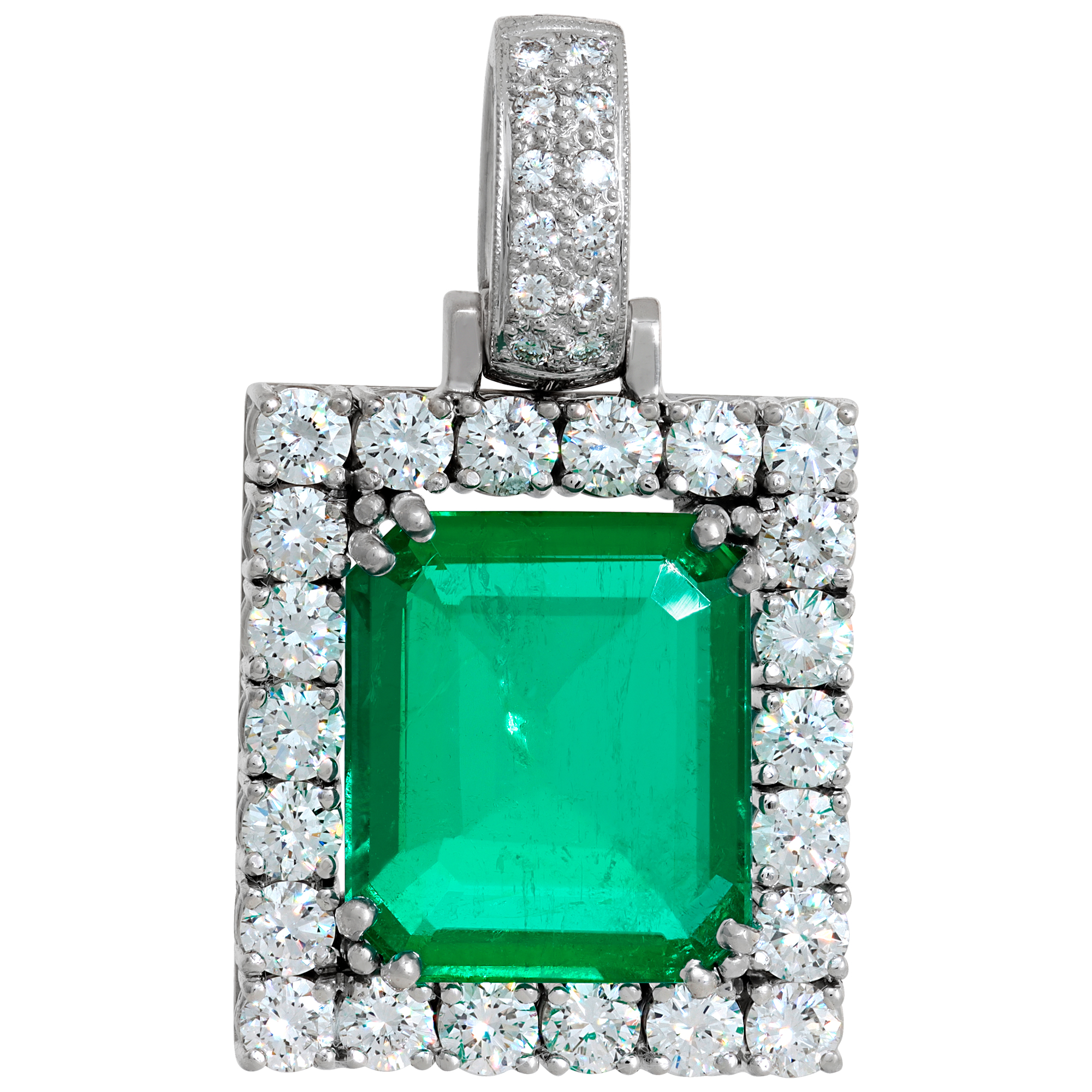 AGL Certified, Colombian Emerald Cut Emerald & Diamonds Pendant. Emerald Weight: 7.22 Carats