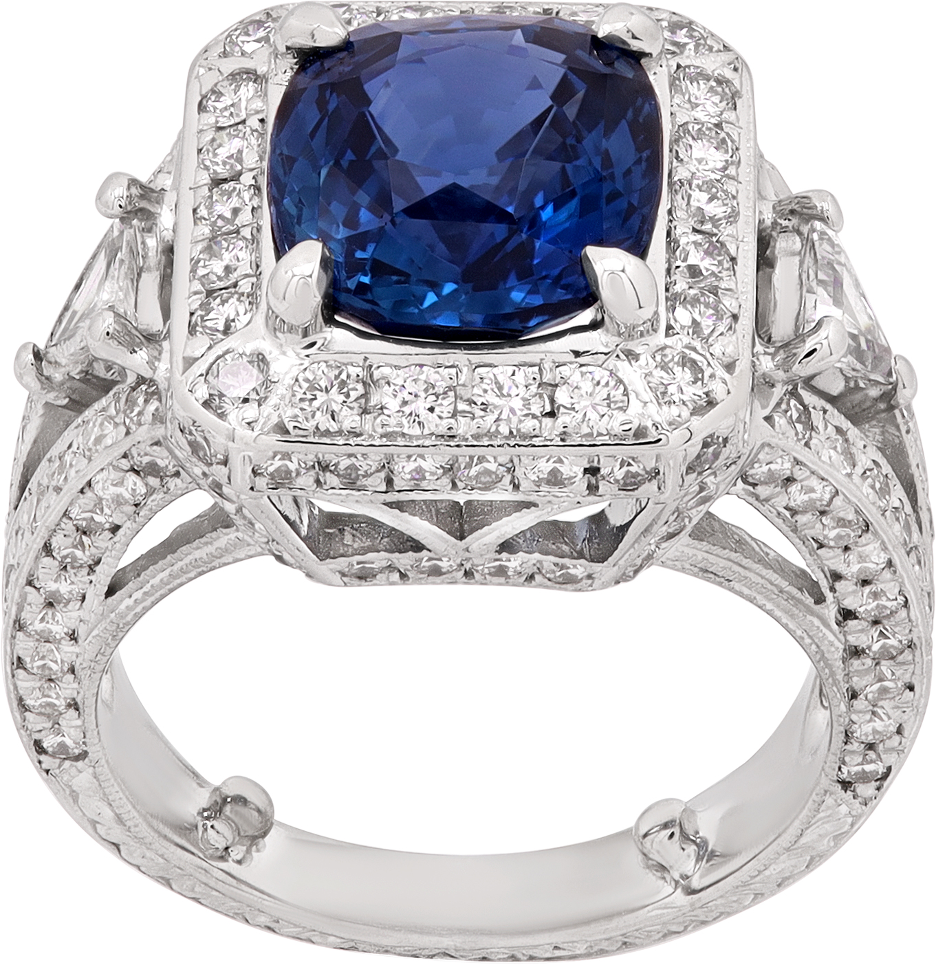 AGL Certified Sapphire ring in 18k white gold diamond setting. 4.68 carats cushion cut unheated Madagascar blue sapphire AGL Certified Sapphire ring in 18k white gold diamond setting. 4.68 carats cushion cut unheated Madagascar blue sapphire