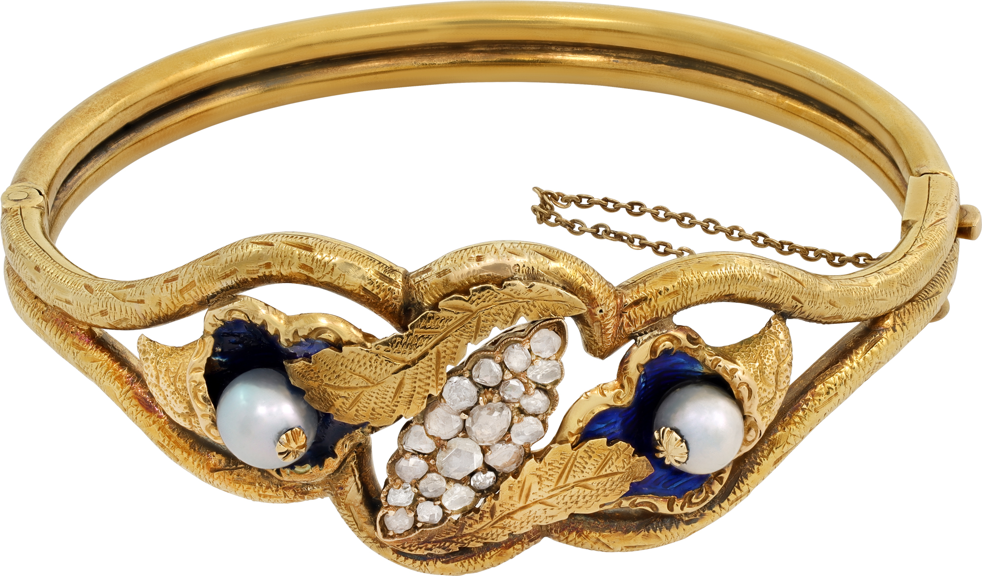 Antique Pearl and Diamond Bangle in 18k yellow gold