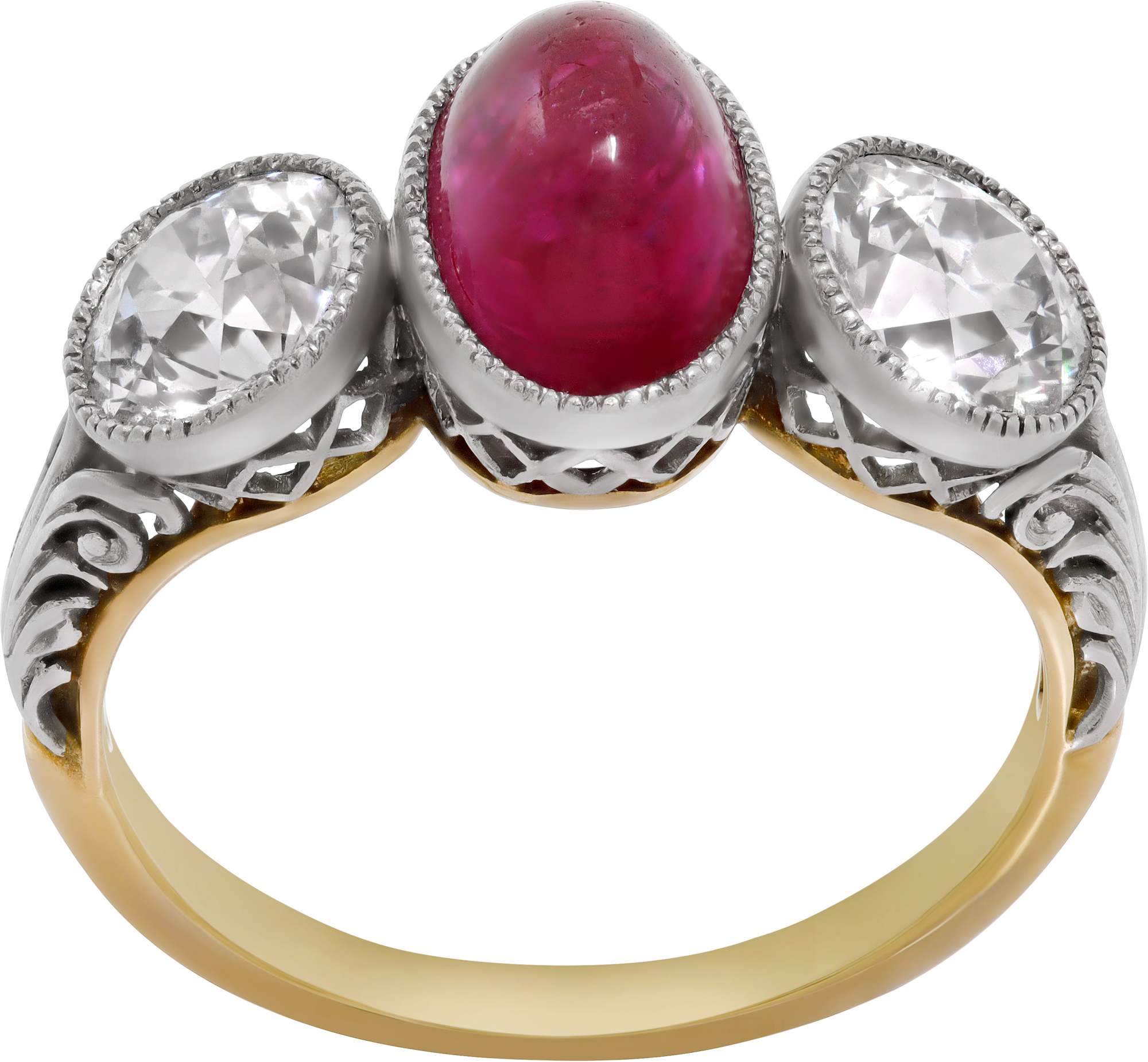 Antique three-stone ruby and diamond ring crafted in 18k yellow gold and platinum S521830