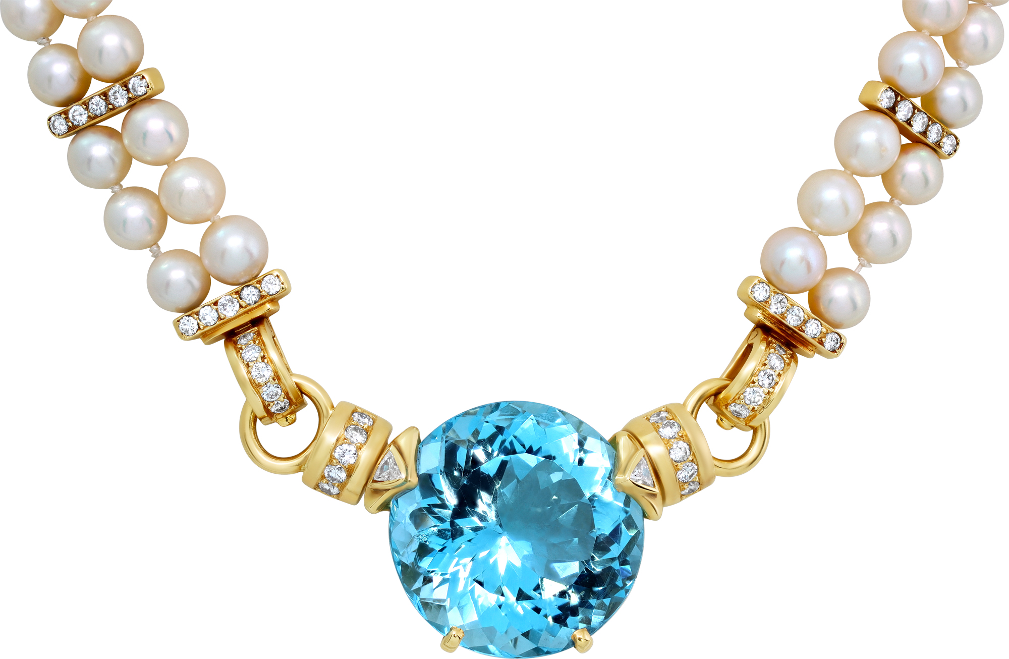 Aquamarine and Diamond Necklace with Double Pearl Strand in 18K Yellow Gold S521582 