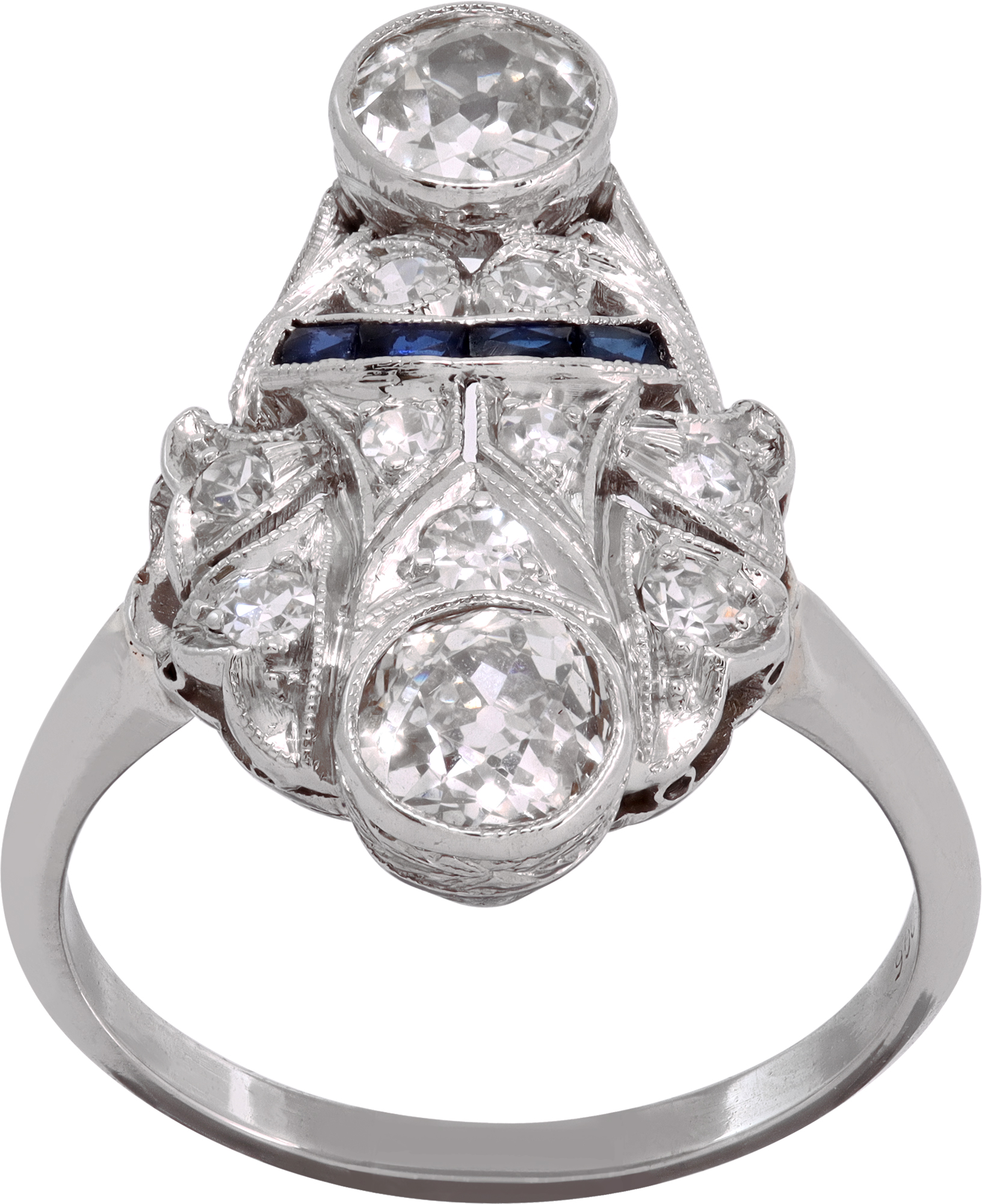 Art Deco Diamond Ring in platinum featuring a distinctive elongated design with two bezel-set old European-cut diamonds positioned at the S521676
