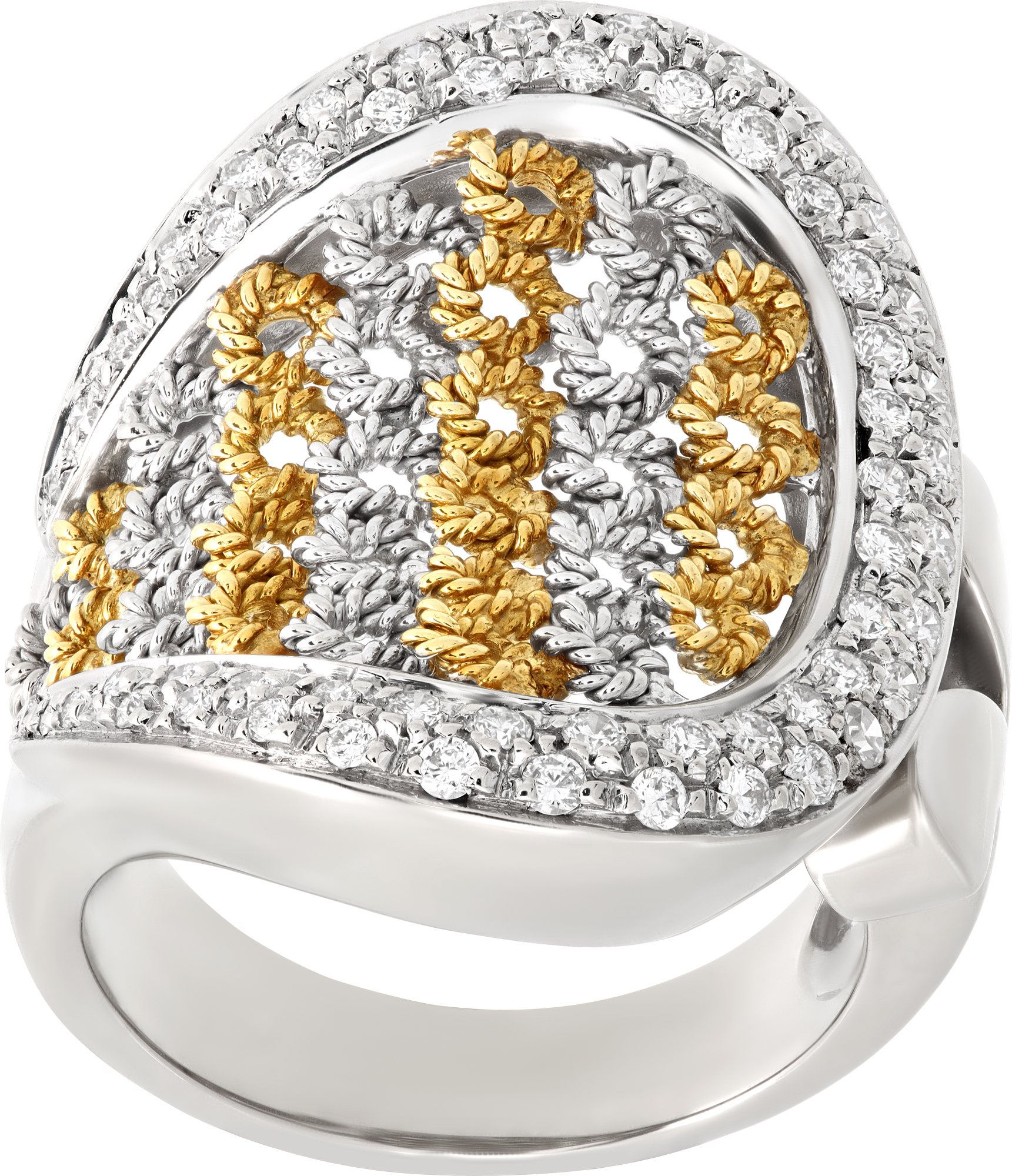 Basket weave ring with surrounding pave diamonds in 18k white and yellow gold