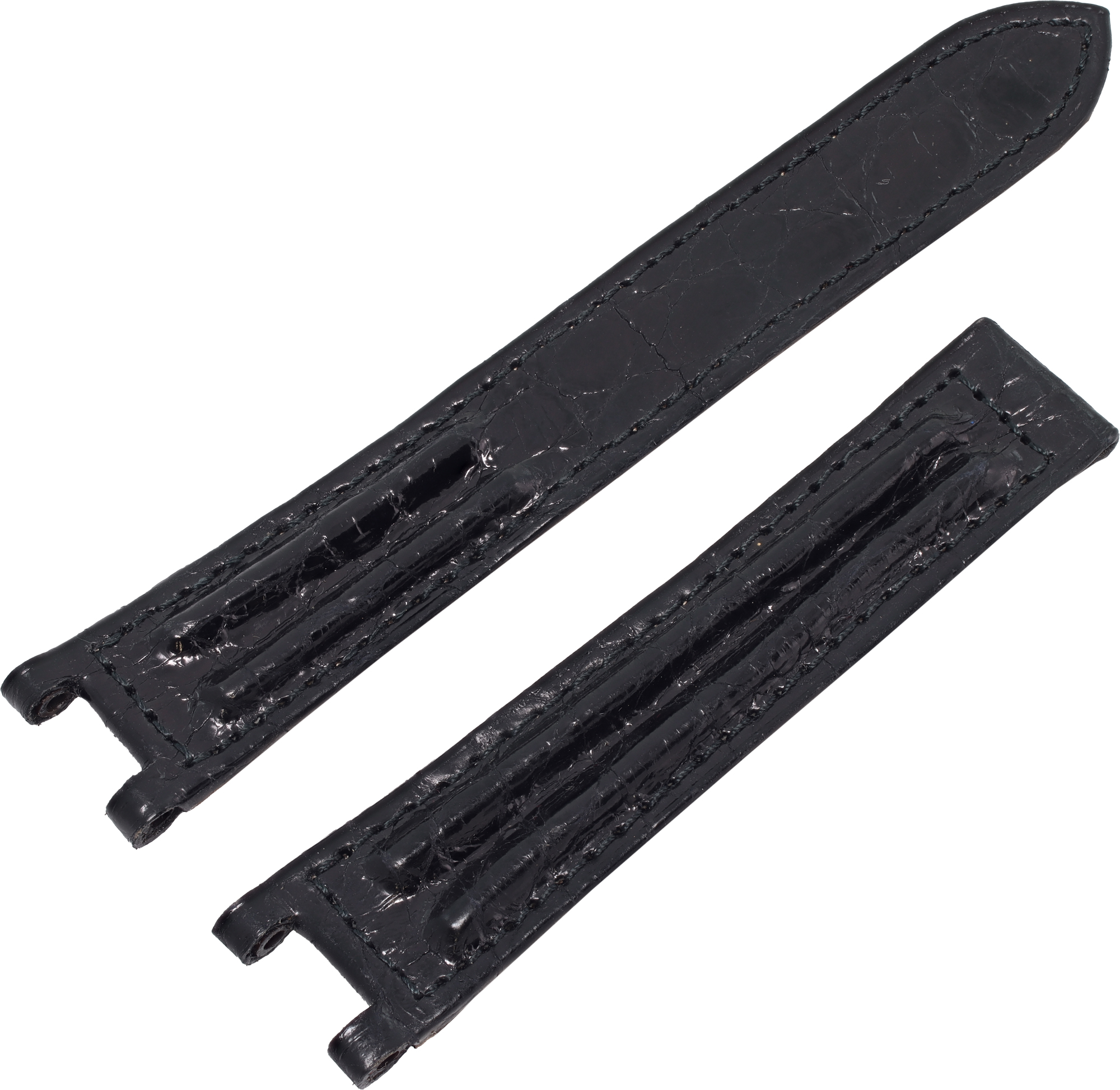 Black Cartier Pasha Alligator Strap 18mm x 16mm. Long end: 4.5 inches. Short End 3.25 inches. For Deployment Buckle. N518201