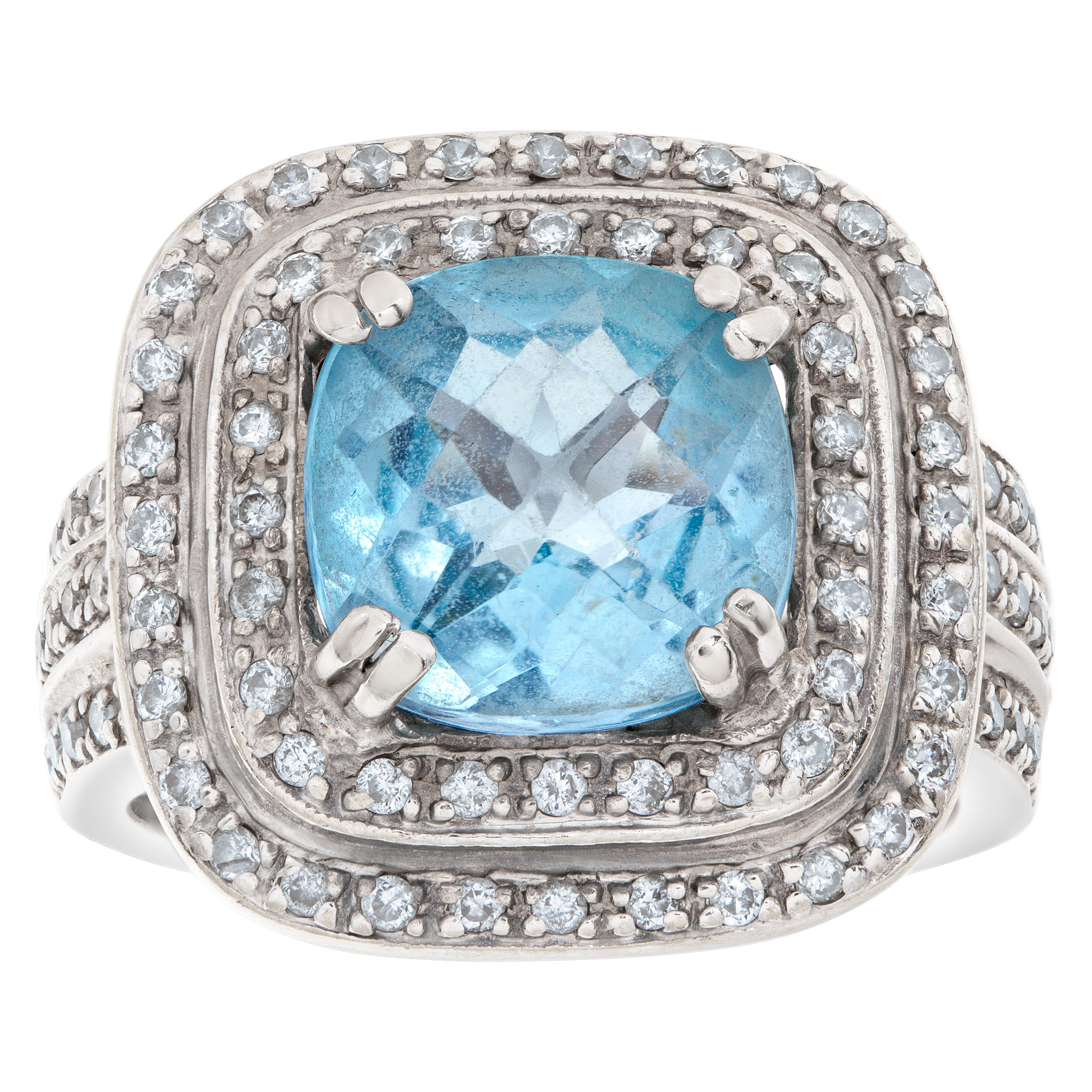 Blue topaz ring with 1 carat in G-H color, VS clarity diamond accents in 18k white gold. Size 6.25
