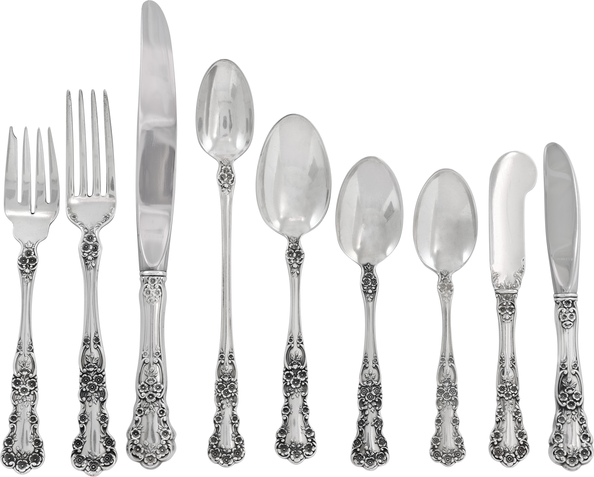BUTTERCUP Sterling silver flatware set by GORHAM. 8 place settings for 12 (some are 8 and 9) with 15 serving pieces.