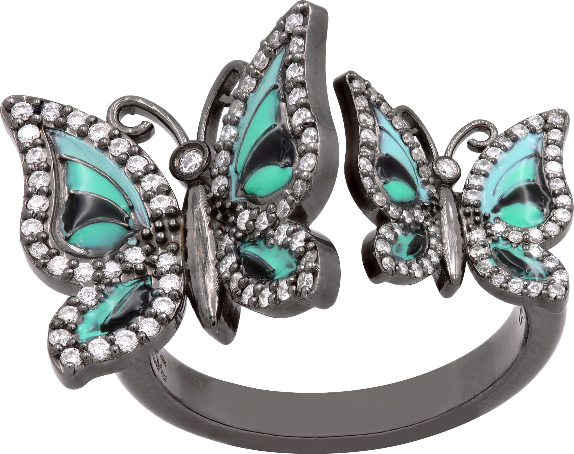 Evens Saint Clair Butterfly ring in 14k gold black rhodium finish with diamonds and blue enamel