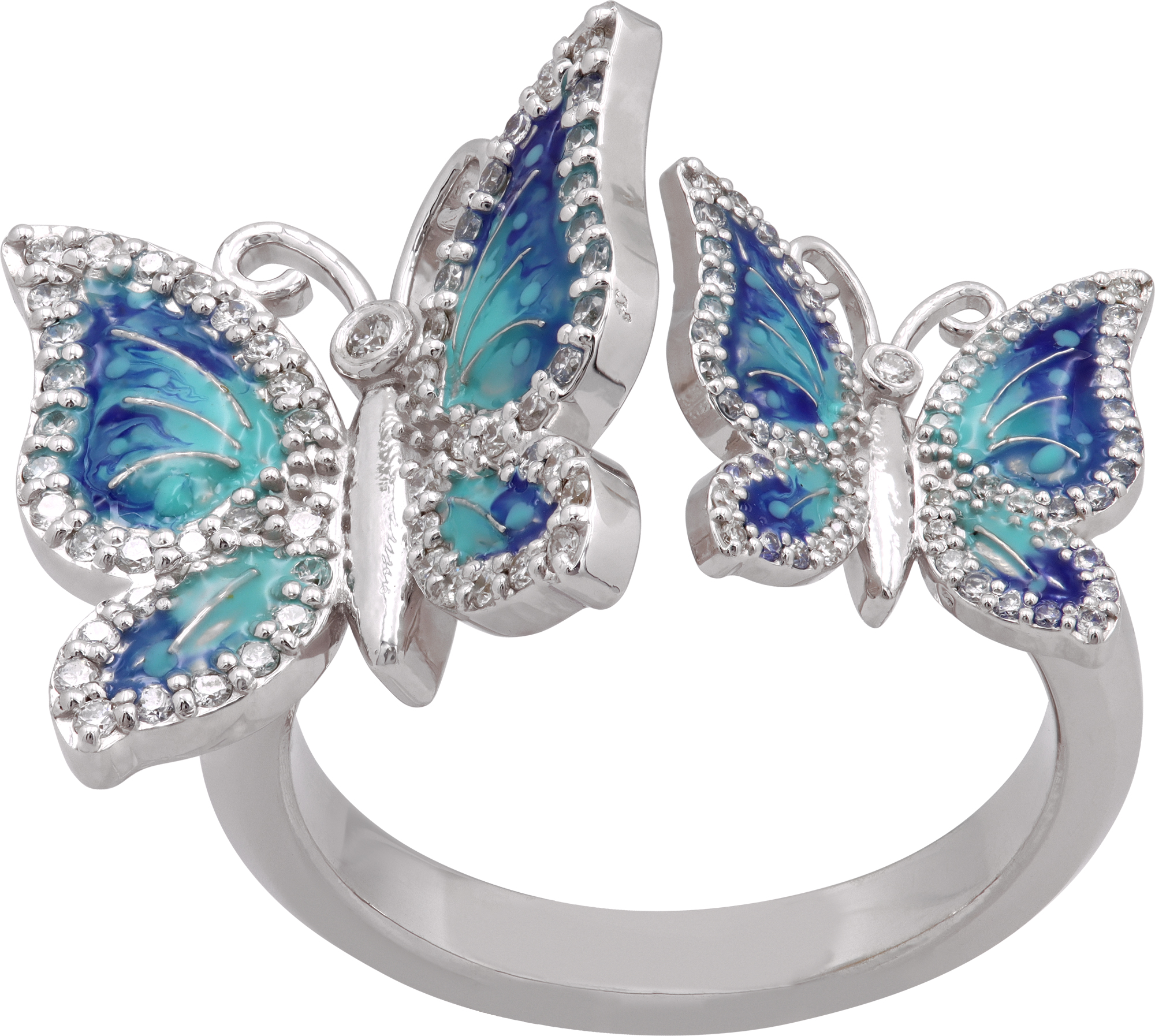 Evens Saint Clair Butterfly ring in 14k white gold with diamonds and blue enamel