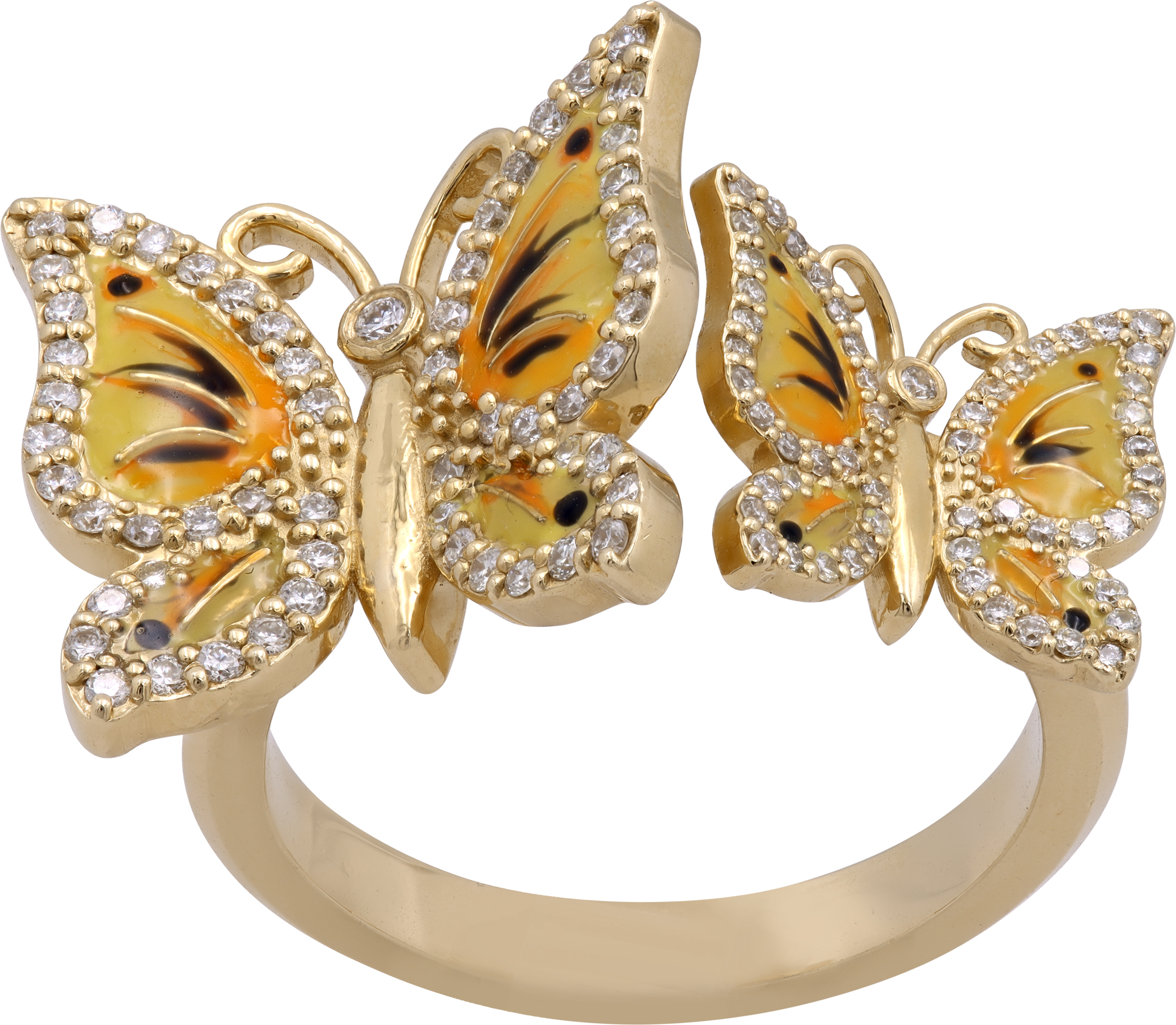 Evens Saint Clair Butterfly ring in 14k yellow gold with diamonds and yellow enamel