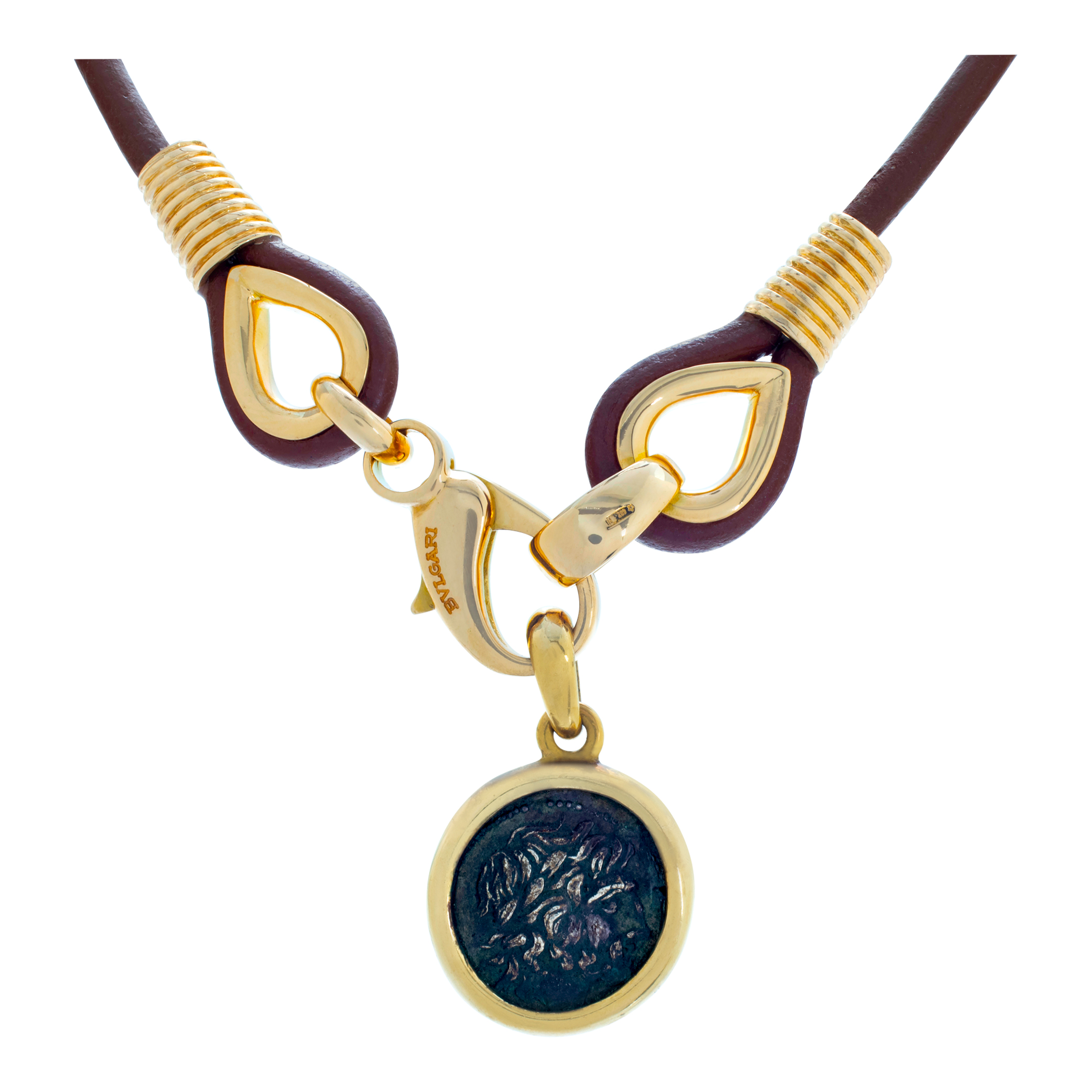 Bvlgari 18Kt yellow gold, brown leather necklace | Gray & Sons