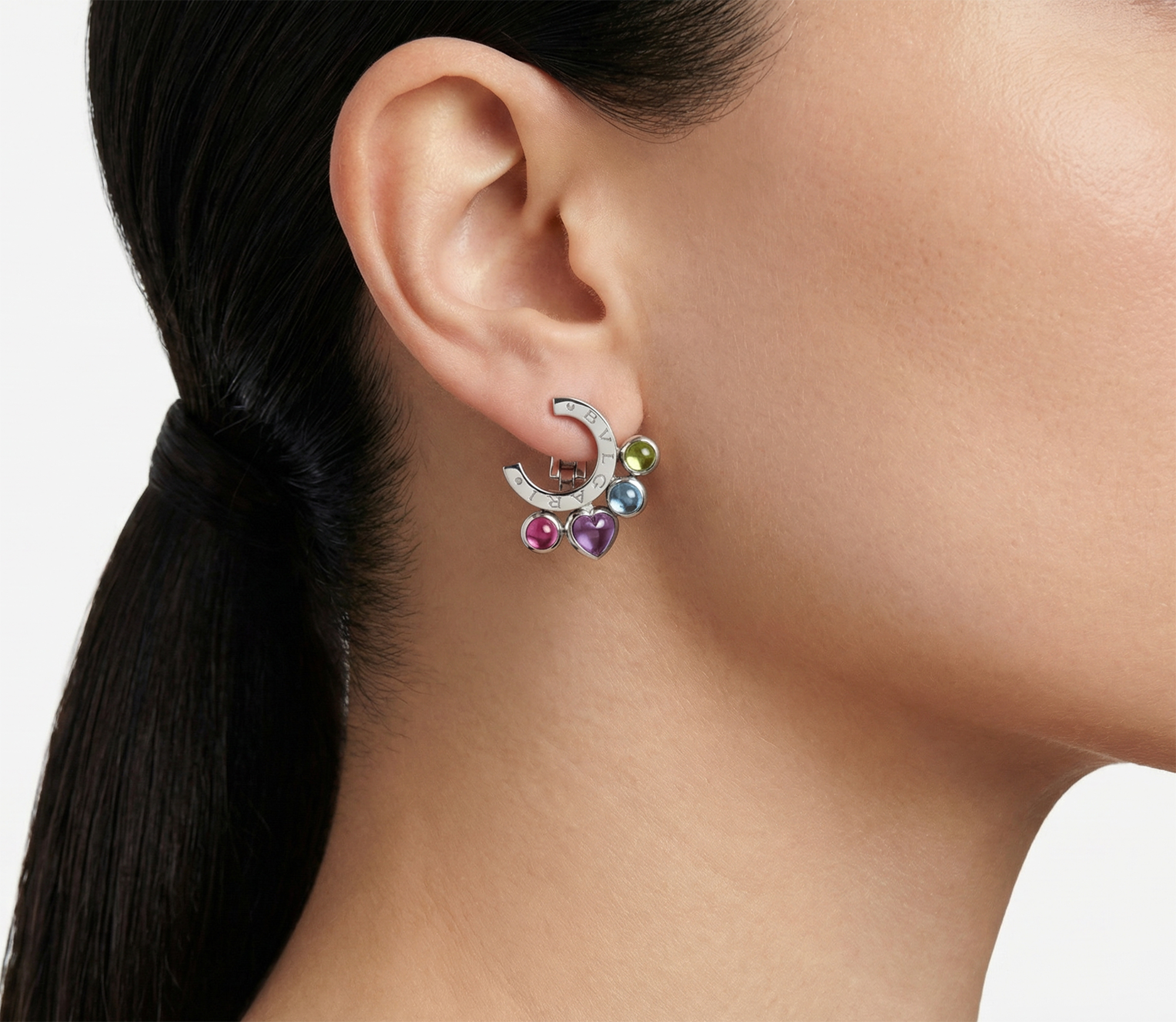 Bvlgari Allegra multi color gemstone earrings in 18k white gold. Amethyst, Citrine, Peridot, Blue Topaz, and Pink Tourmaline.