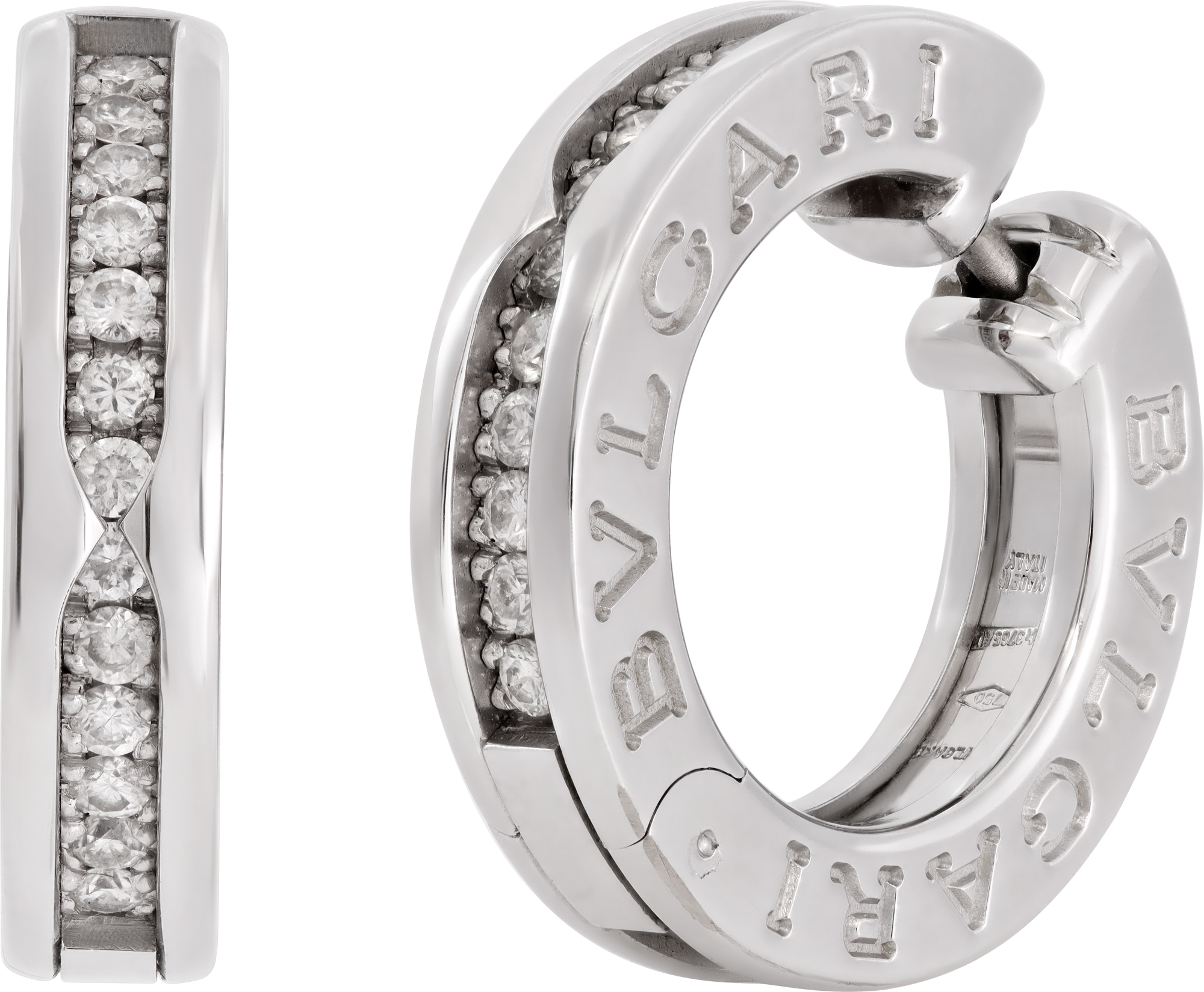 Bvlgari B-Zero1 small hoop earrings in 18k white gold with pave diamonds on the spiral