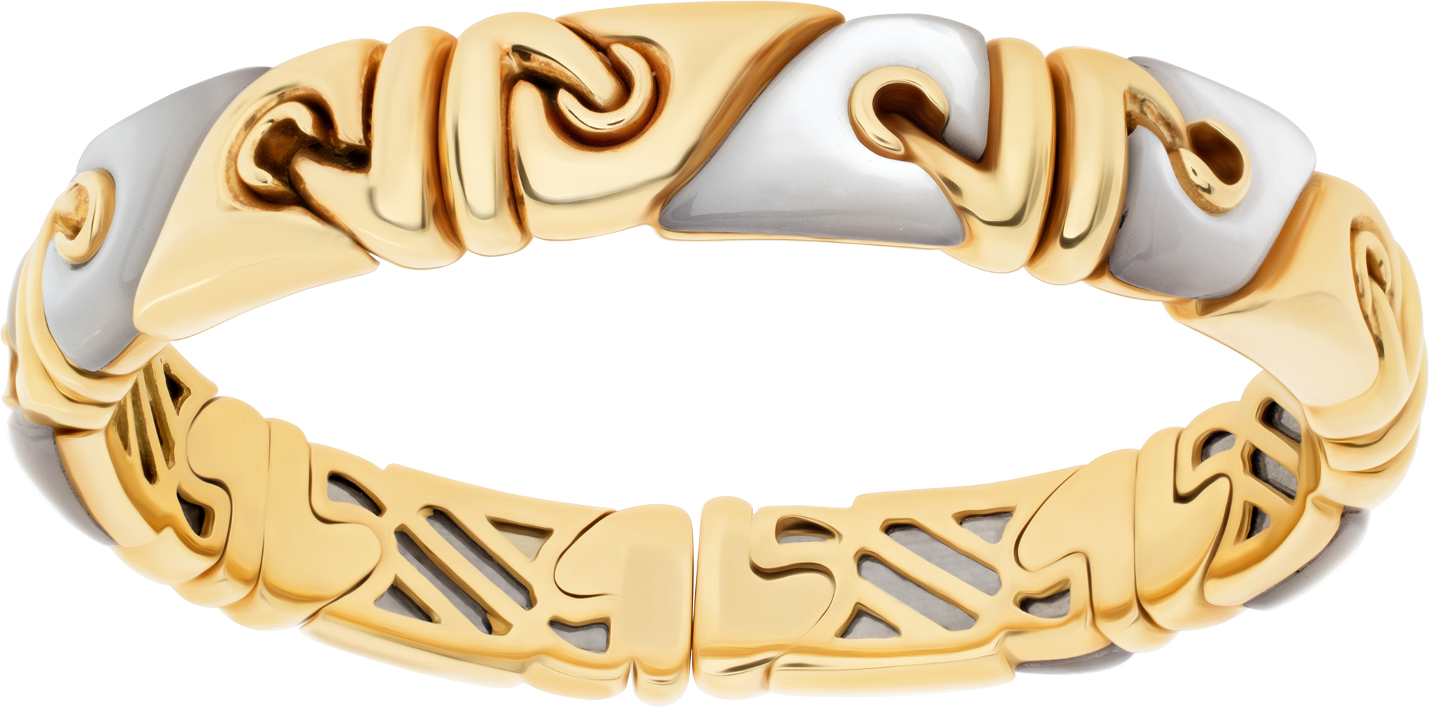Bvlgari Doppio Cuore Cuff Bracelet In 18k Yellow Gold With Mother Of Pearl Stations