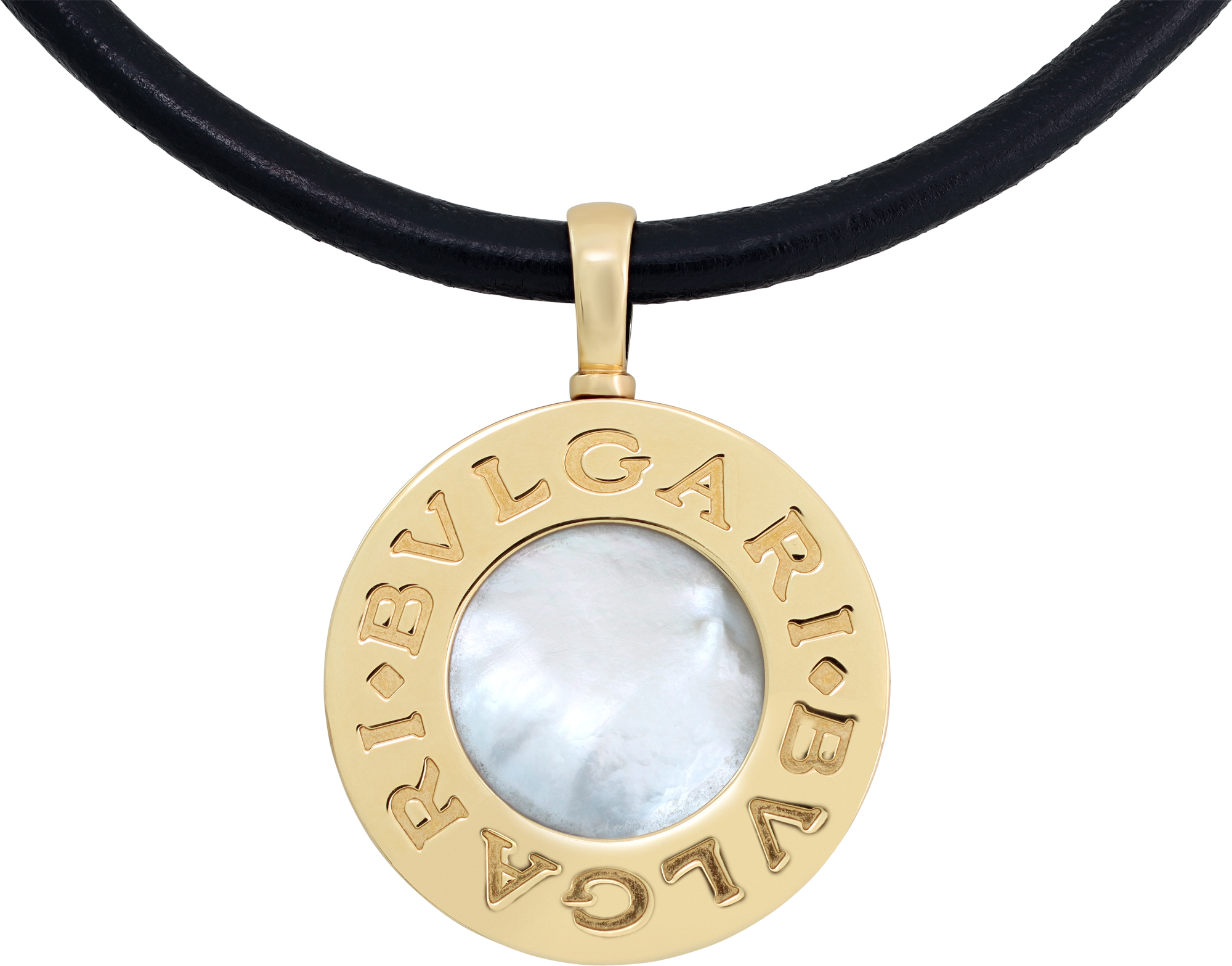 Bvlgari mother of pearl and onyx pendant in 18k and stainless steel on a black cord necklace. S521583