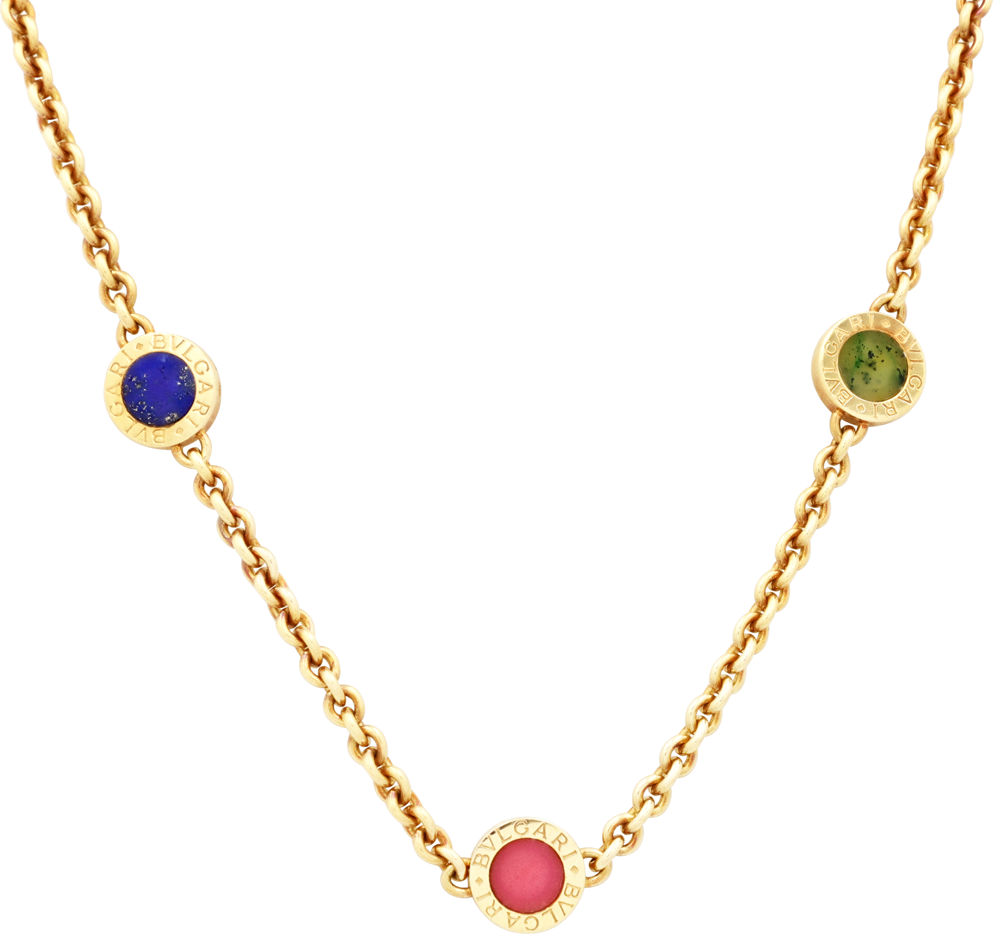 Bvlgari Triple Circle necklace featuring lapis lazuli, coral, and malachite in 18k yellow gold S522047