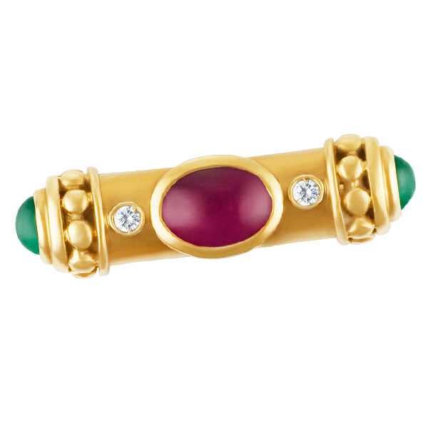 Cabochon emerald, ruby & diamond accented 18k ring