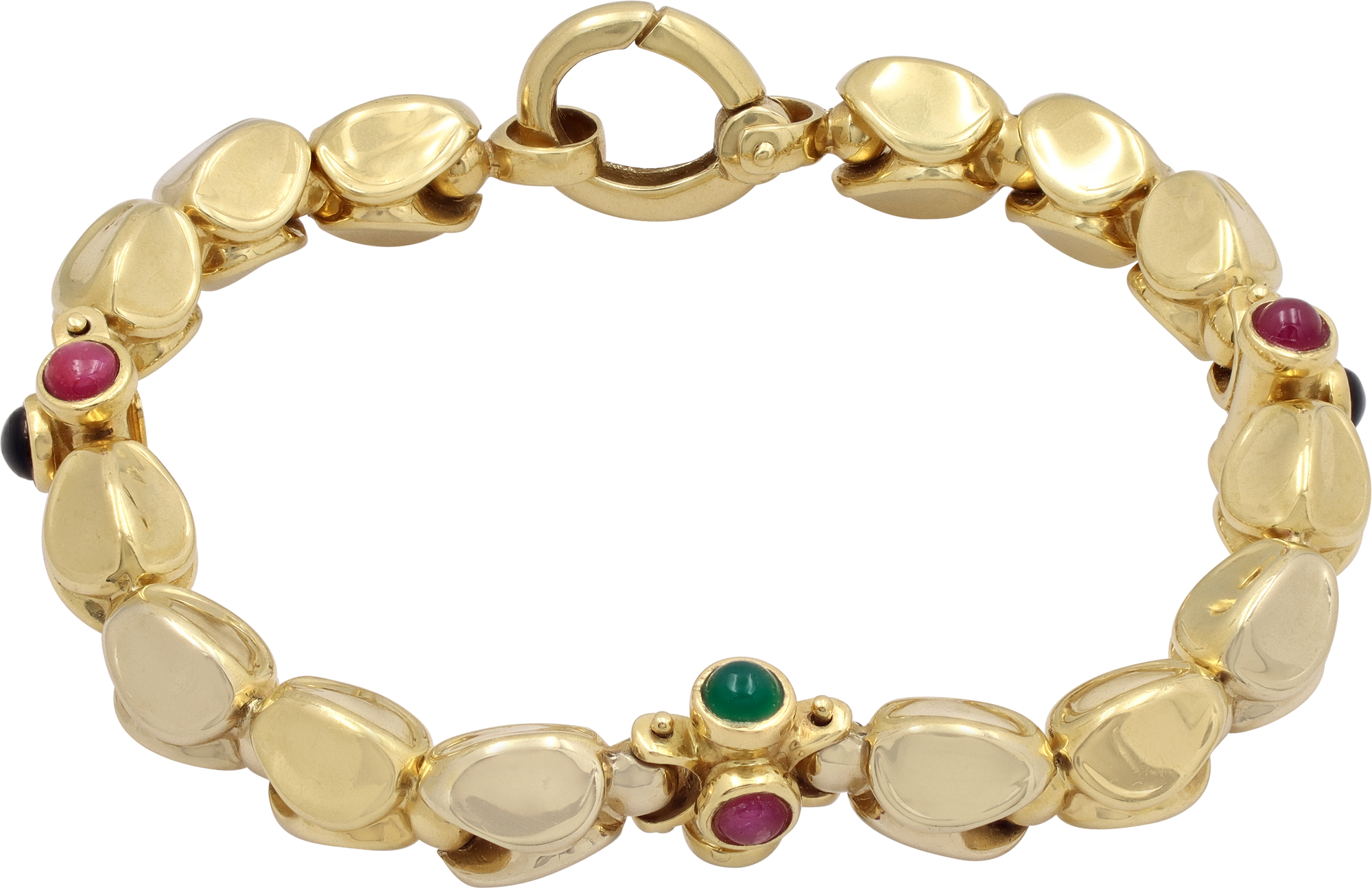 Cabochon Emerald, Ruby, and Sapphire Bracelet in 18k Yellow Gold Cabochon Emerald, Ruby, and Sapphire Bracelet in 18k Yellow Gold