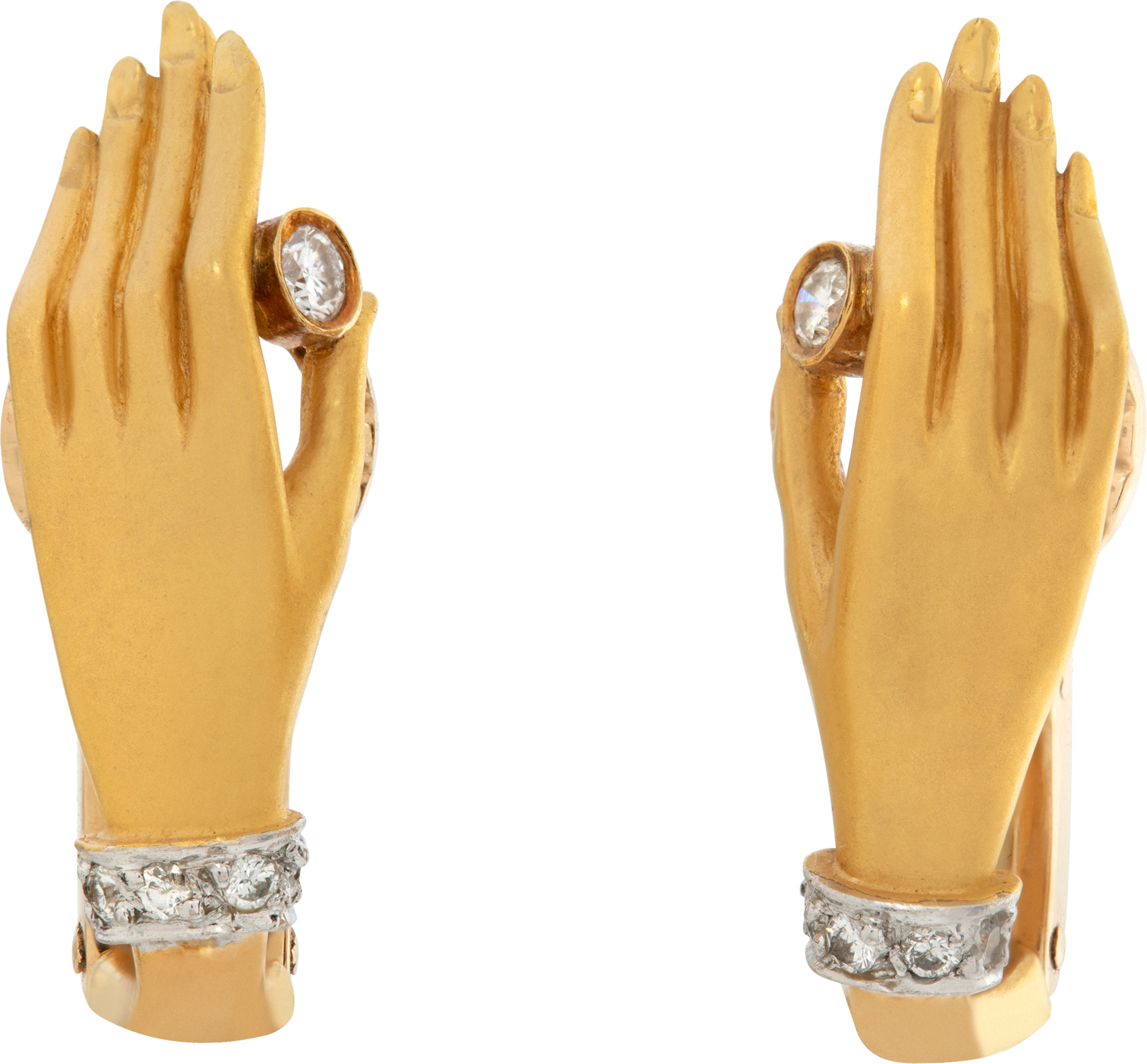 Carrera y Carrera "Las Manos" collection earrings with pearls & diamonds set in 18K yellow gold.