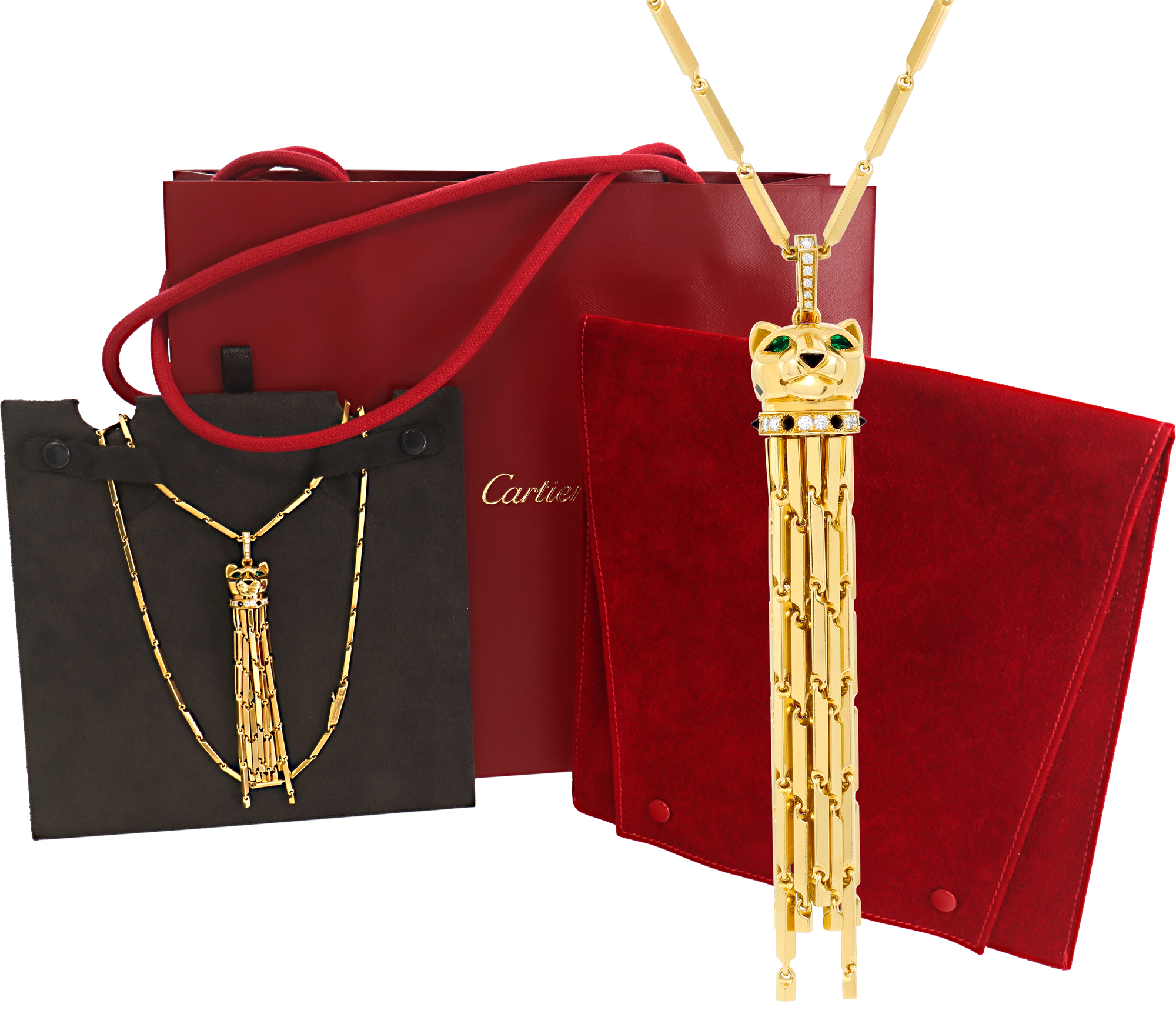 Cartier Panthere Long Tassel pendant chain, necklace with diamonds and emerald eyes 18k.