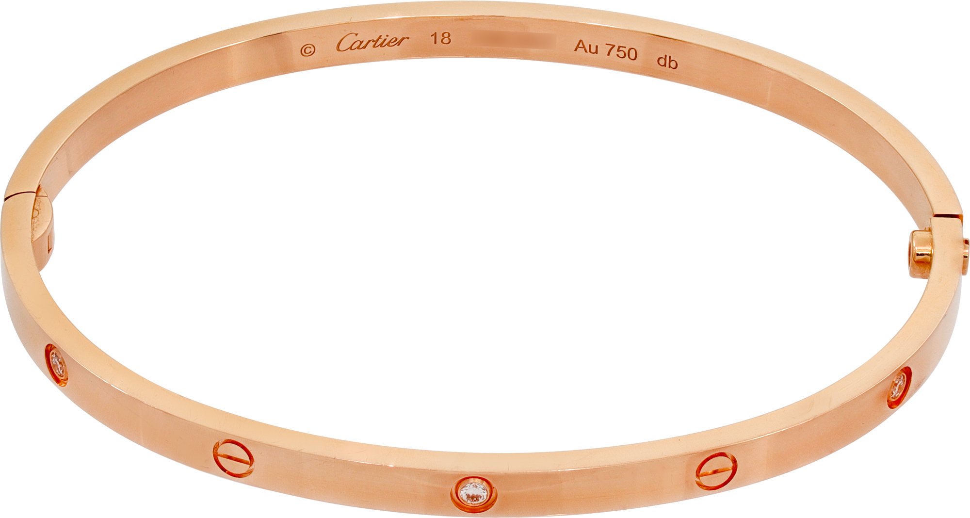 Cartier Small Love bracelet in 18k rose gold with 6 diamonds. Size 18