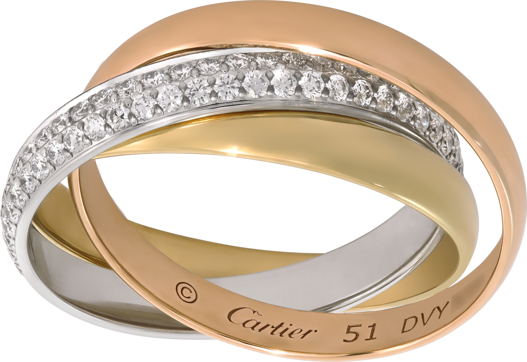 Cartier Trinity Ring in 18k white, rose and yellow gold with the white gold band being pave diamonds S521784