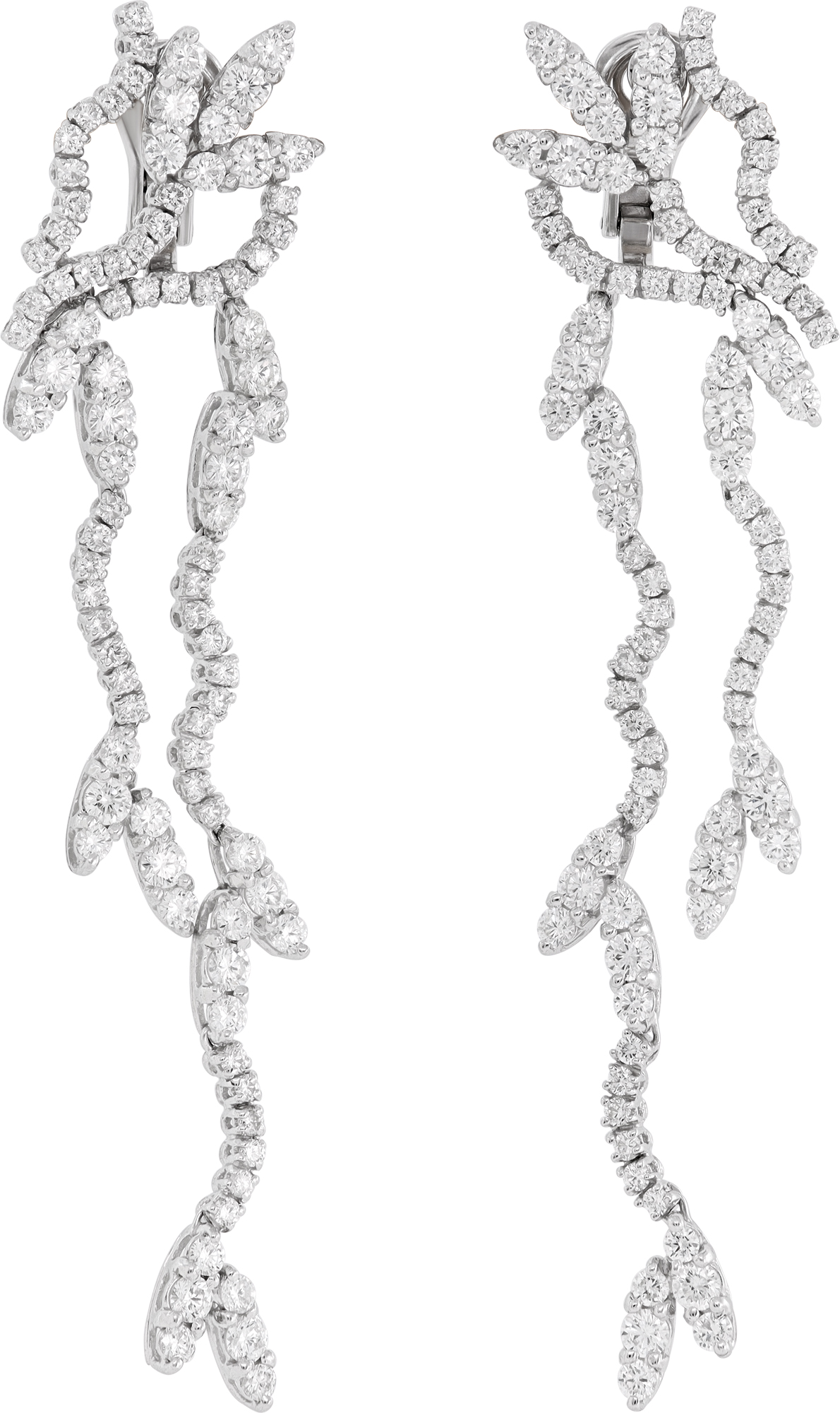 Cascading diamond drop earrings in 18k white gold with 9.04 carats in round diamonds. S521612