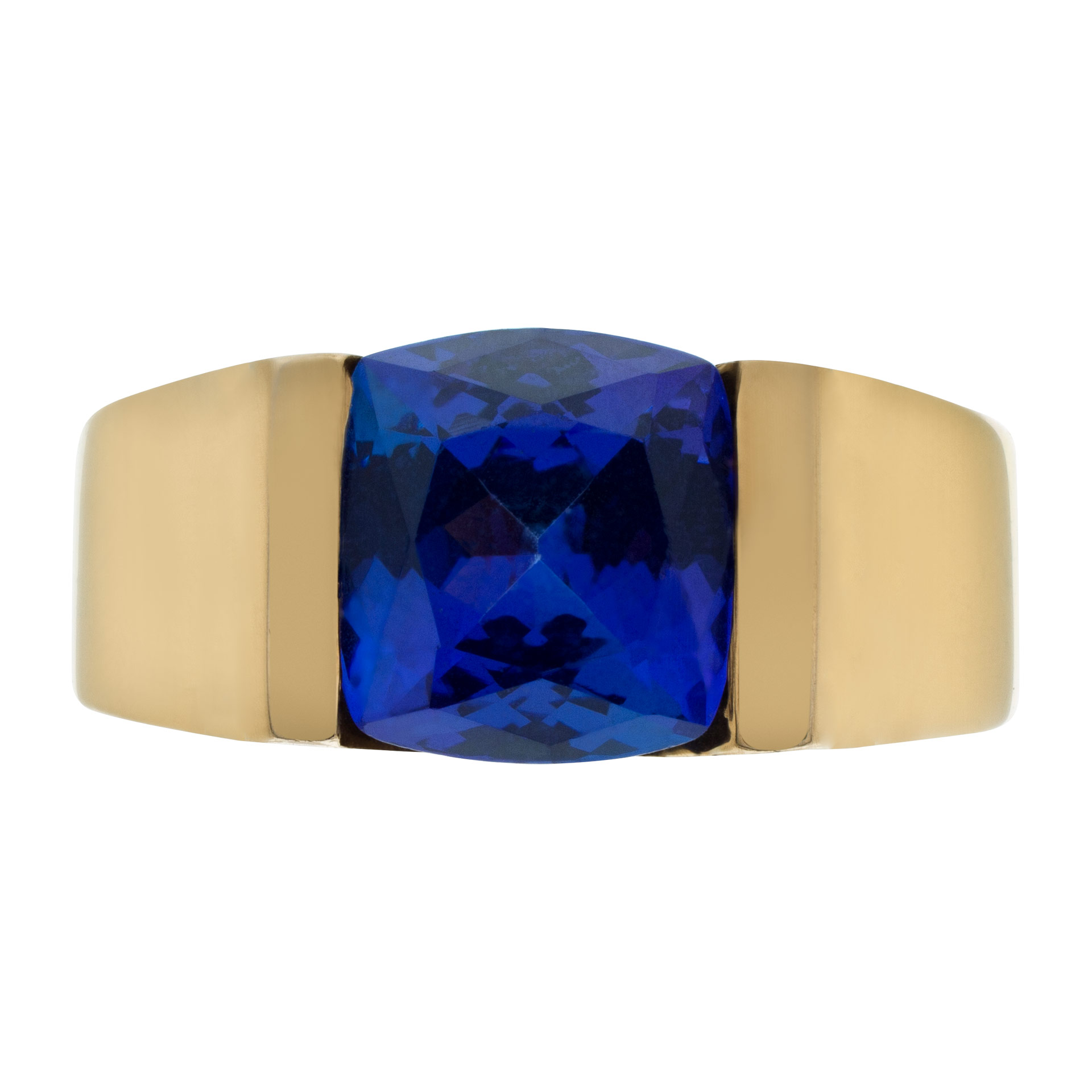 Chanel set cushion cut faceted blue/purple tanzanite in an 18k gold tension setting Chanel set cushion cut faceted blue/purple tanzanite in an 18k gold tension setting