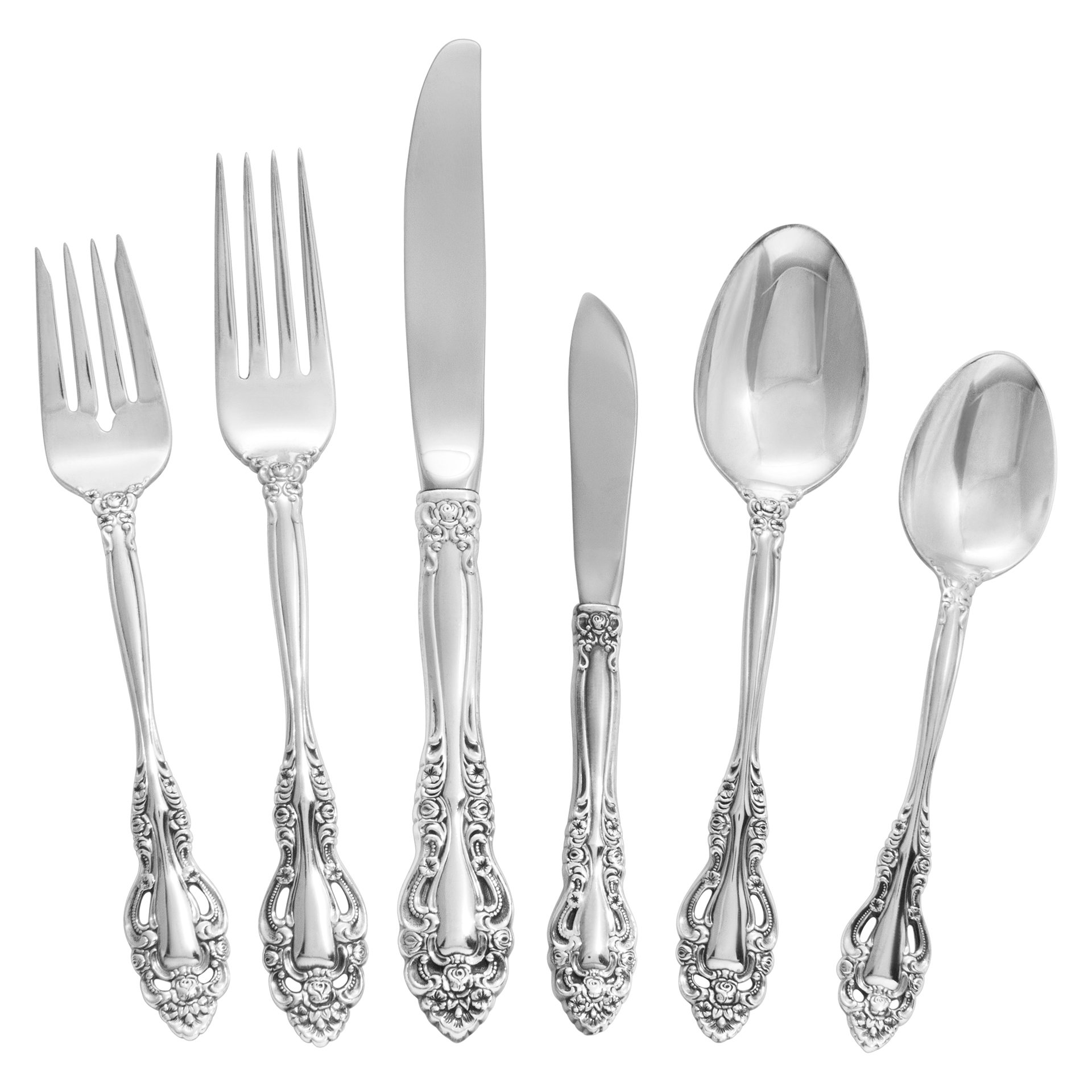 CHARMAINE sterling silver flatware set ptd 1979 by International. 6 Place Set for 11 + 5 silver plated serving pcs- Over 2600 grams of sterling silver .