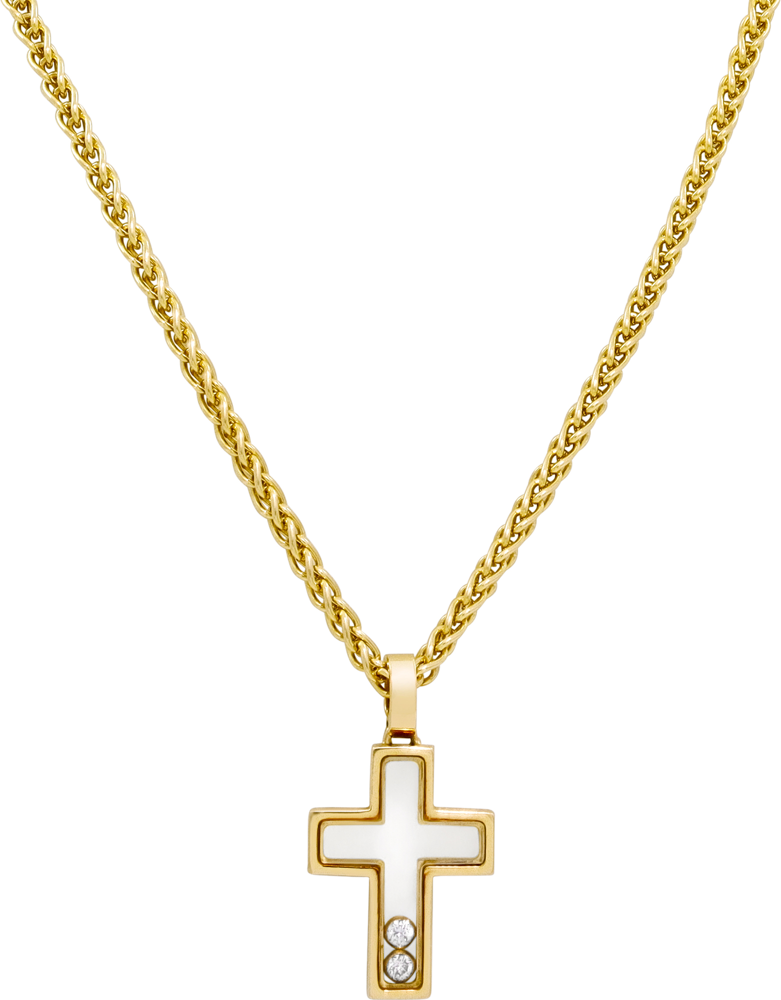 Chopard Happy Diamond Cross in 18k yellow gold with two floating diamonds on a 14k yellow gold chain