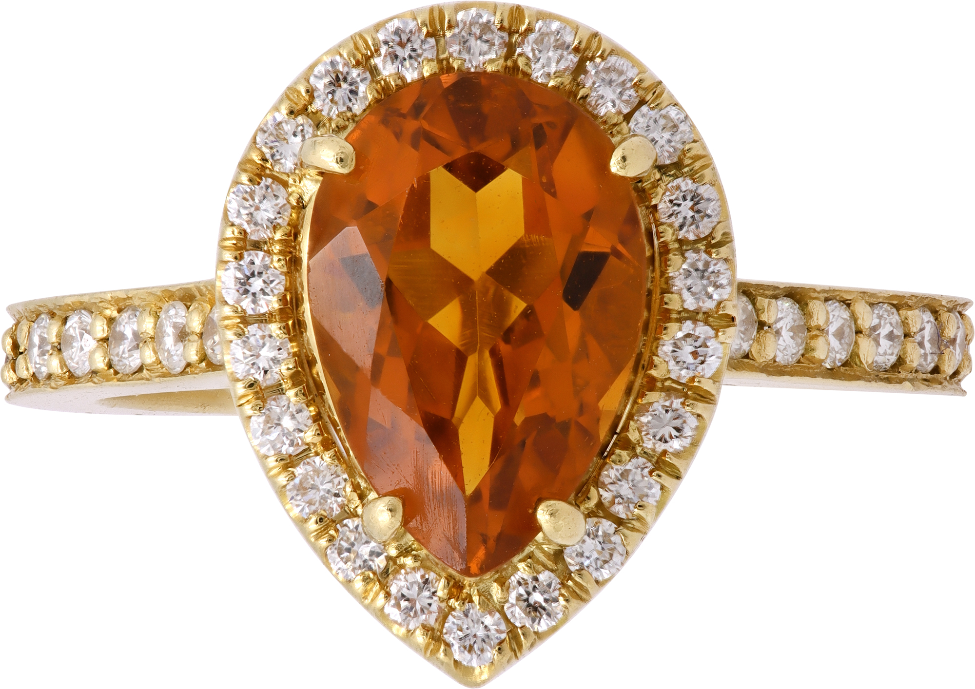 Citrine and diamond ring in 18k yellow gold with approximately 1.50 carat central pear shaped Citrine surrounded by 0.40 carats in round diamonds S521954