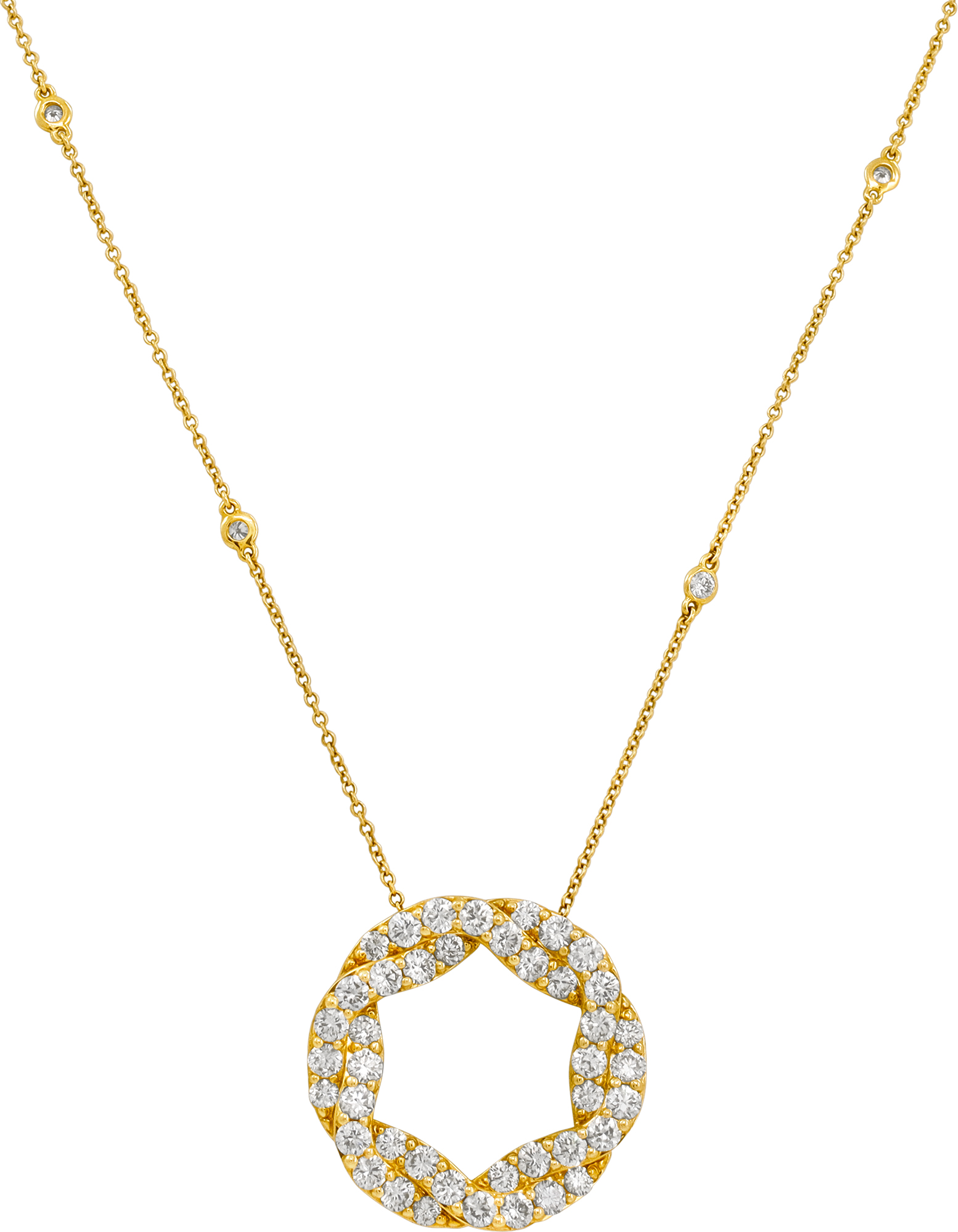 Criss Cross Round Diamond Pendant with a Diamond by the Yard Necklace in 14k yellow gold S521757