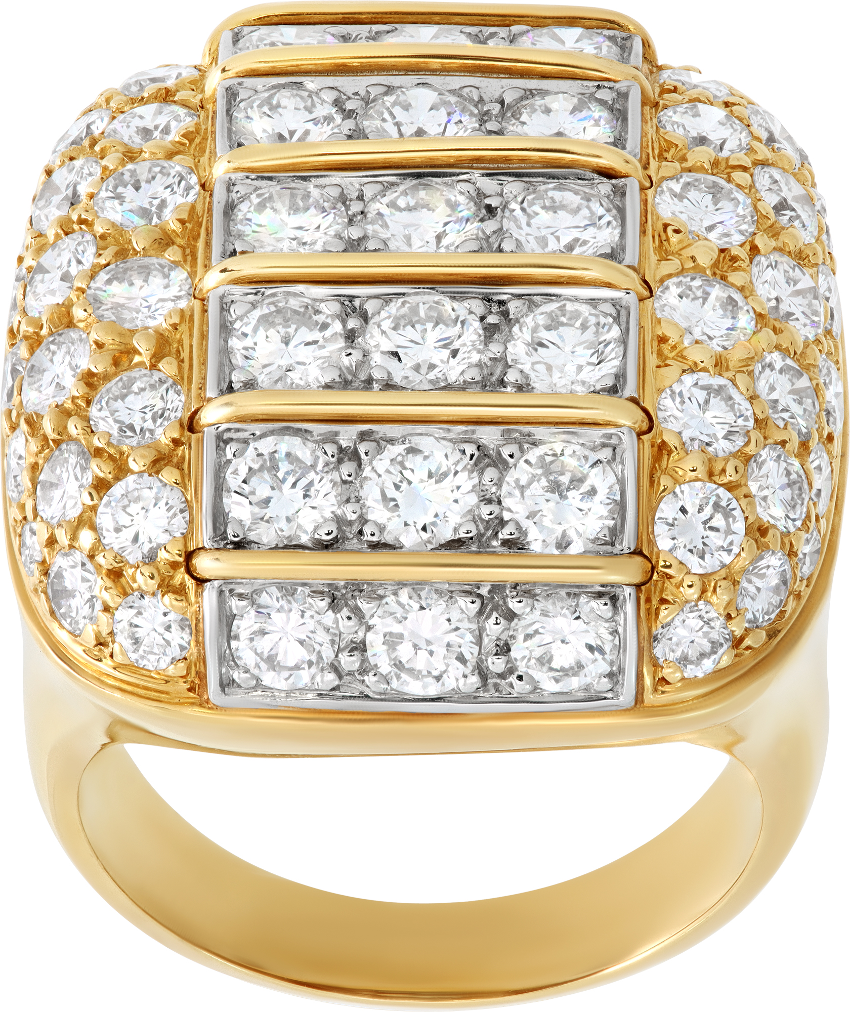 Cushion diamond cocktail ring in 18k with over 5.00 carats round cut brilliant diamonds: G-H color, VVS-VS clarity. Size 6.