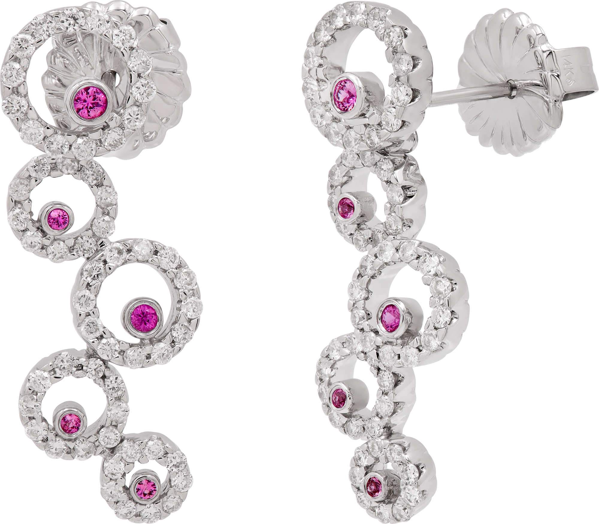 Dangling diamonds halo circle earrings with round cut Tourmaline center, set in 14K white gold Dangling diamonds halo circle earrings with round cut Tourmaline center, set in 14K white gold