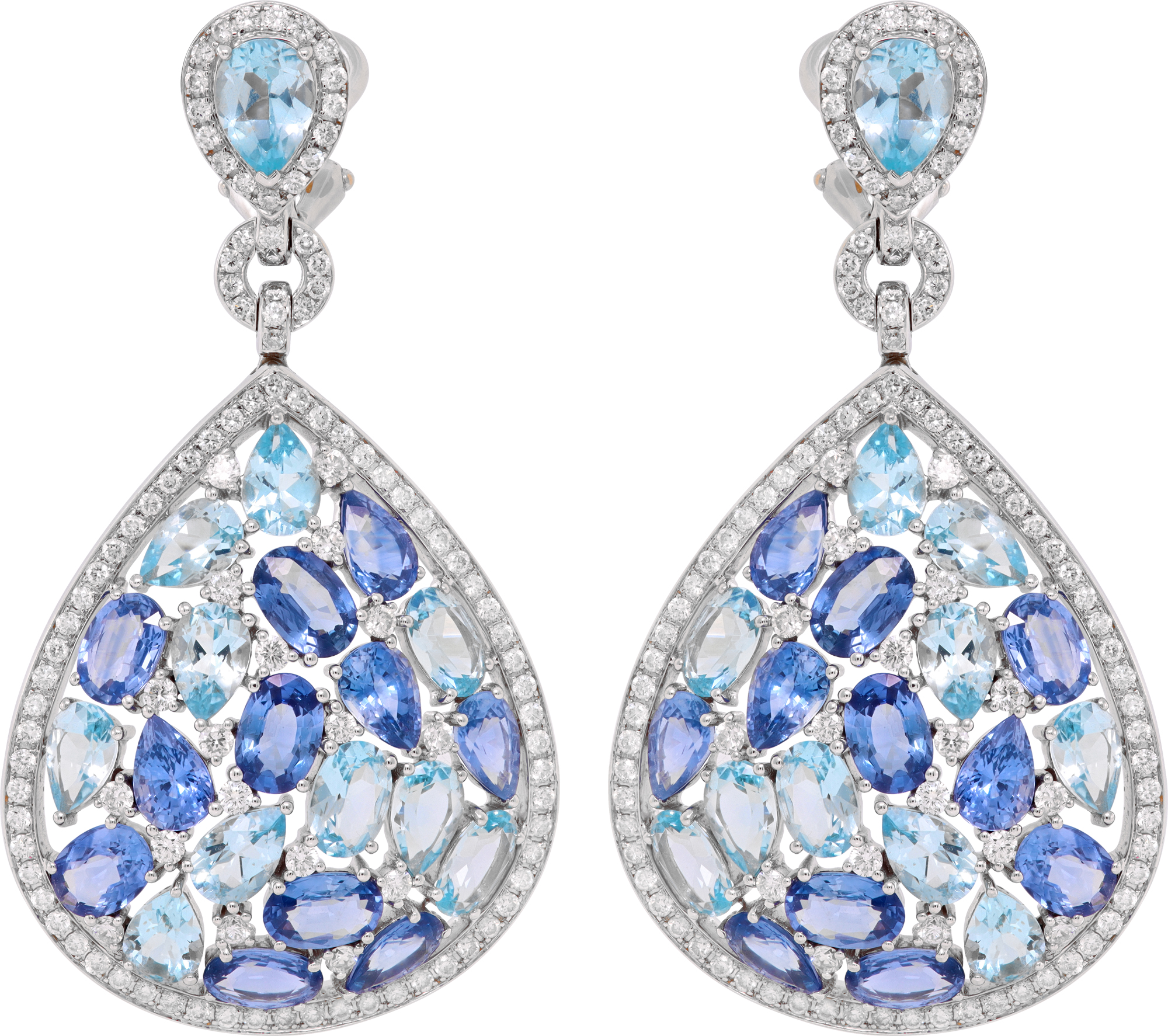 Dangling earrings in 18k white gold with blue sapphires, aquamarines and diamonds