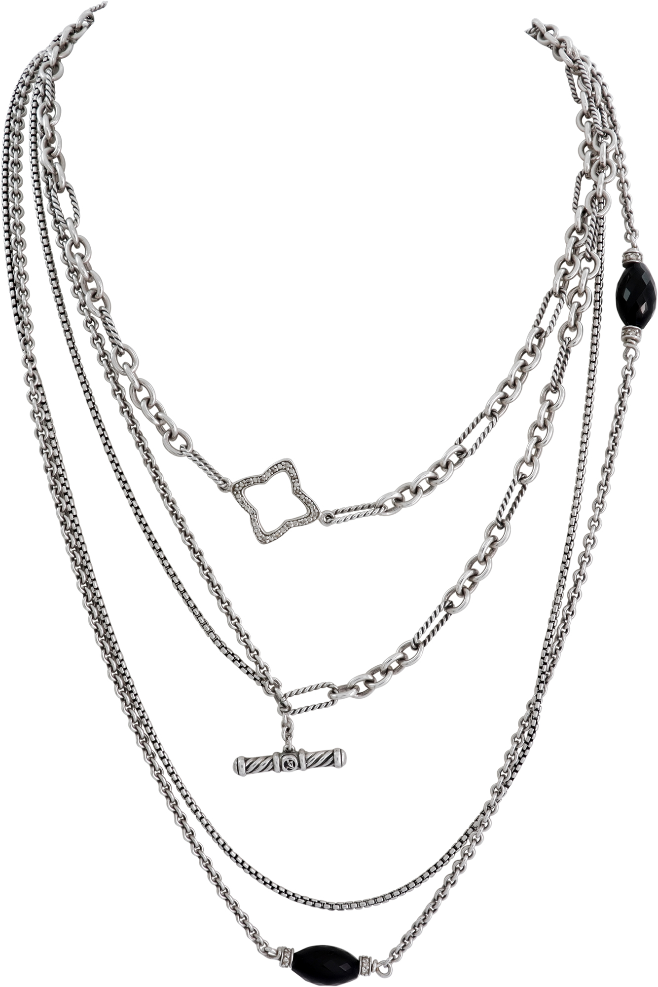 David Yurman Black Spinel & Diamond 3 Strand Chains Necklace in Sterling Silver. Total Length: 32 inches. S521629