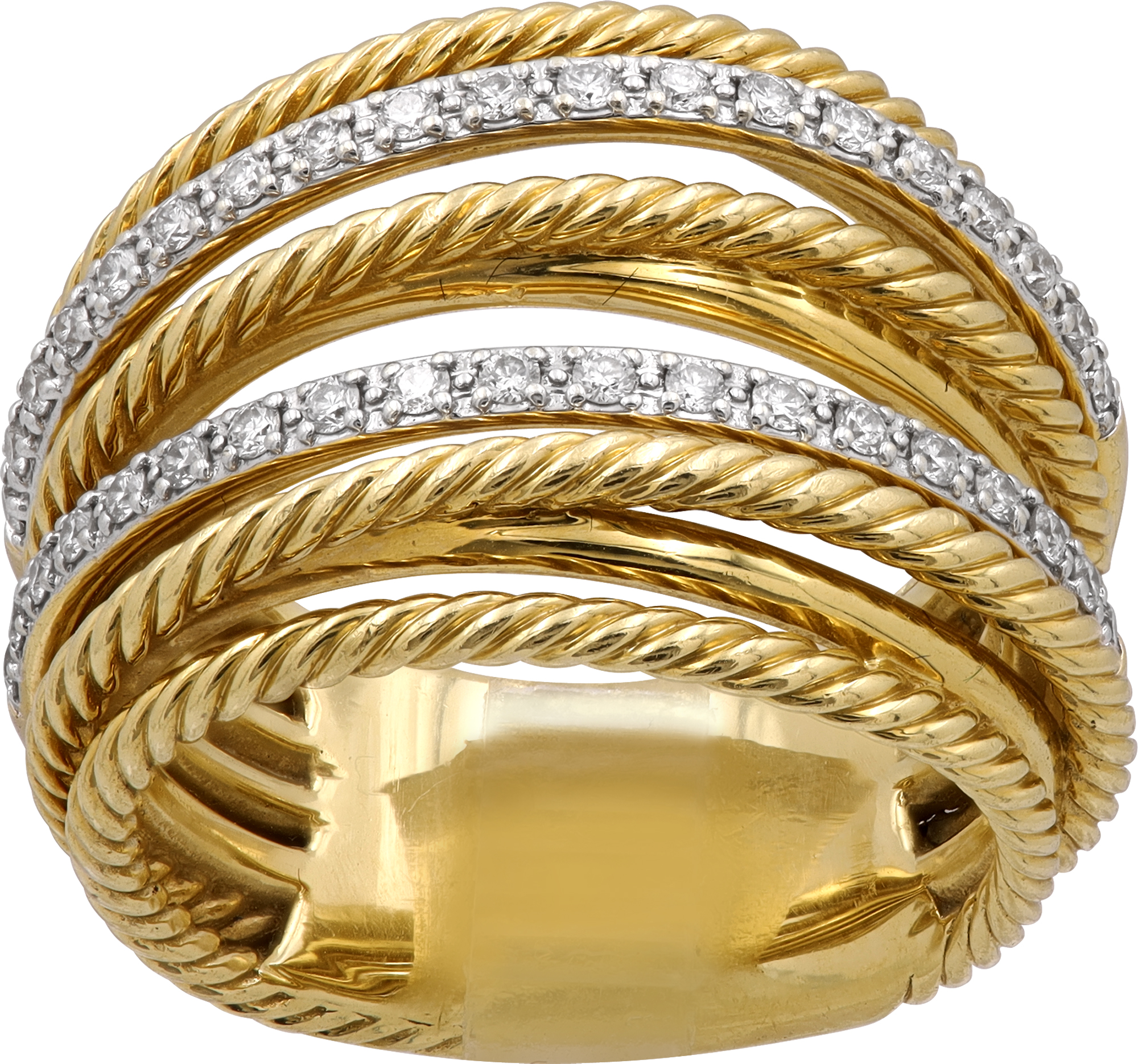David Yurman Cross Over Cable ring in 18k yellow gold with approximately 0.33 carats in diamonds