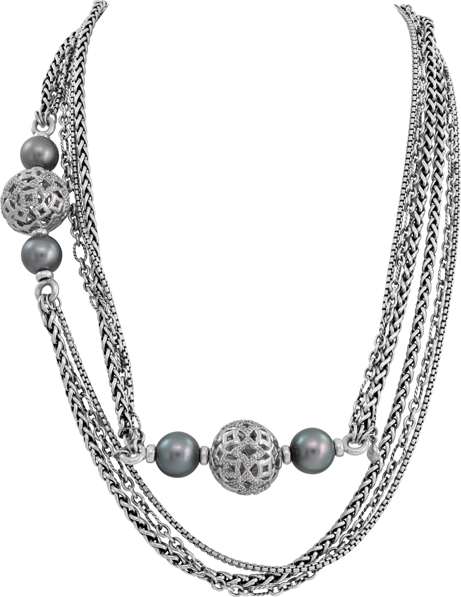 David Yurman Quatrefoil 4 Tahitian Pearl 2 Diamond Balls Multi Strand Necklace in sterling silver. Total Length: around 20 inches. S521630