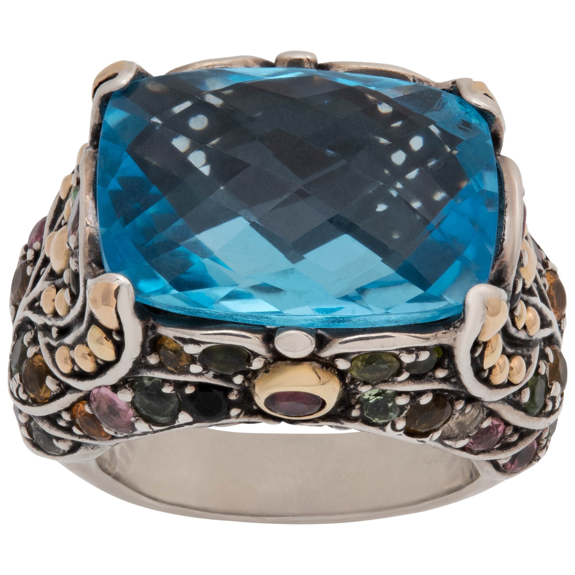 Designer signed BJC blue topaz and tourmaline ring