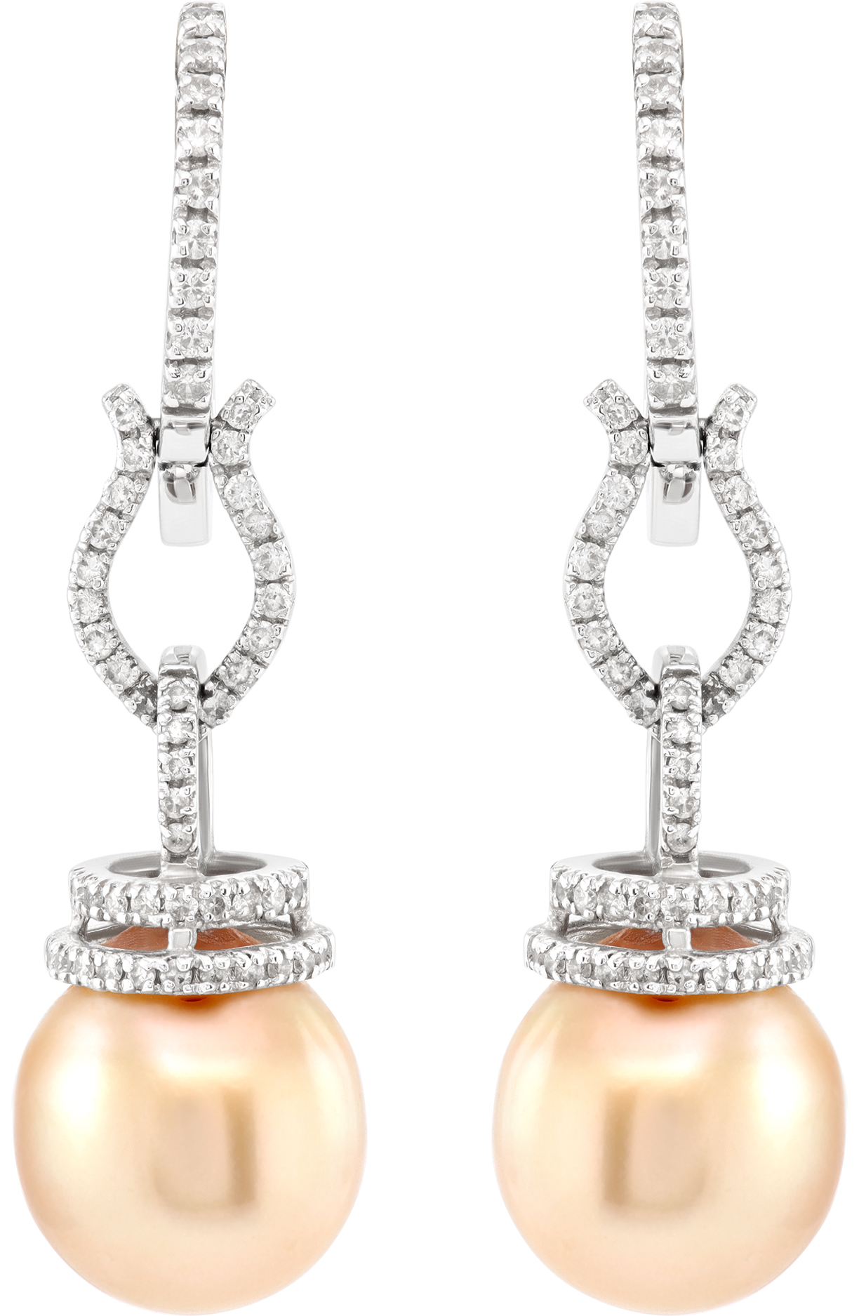 Diamond and Golden South Sea pearl dangling earrings in 18k white gold