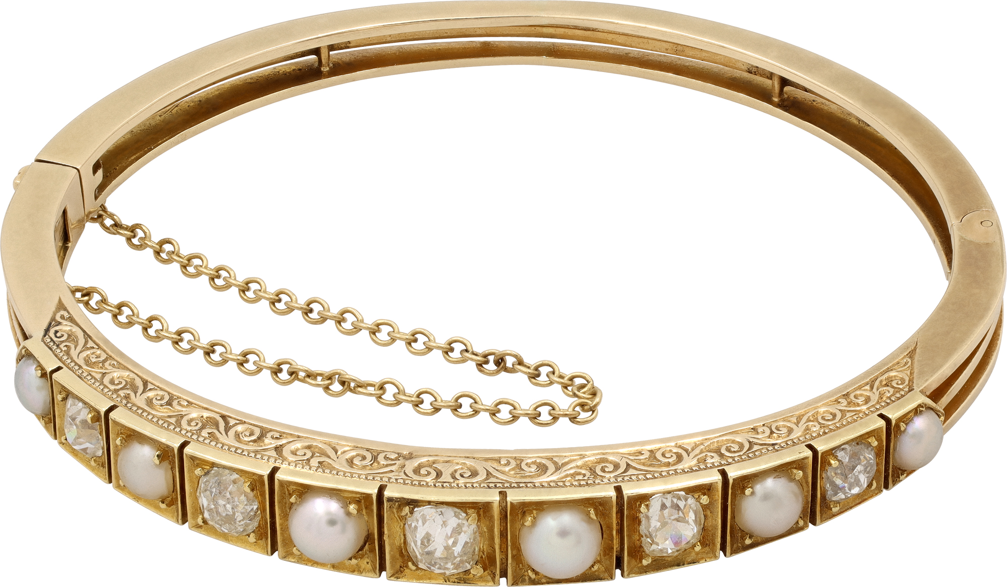 Diamond and natural pearl bangle in 14k gold