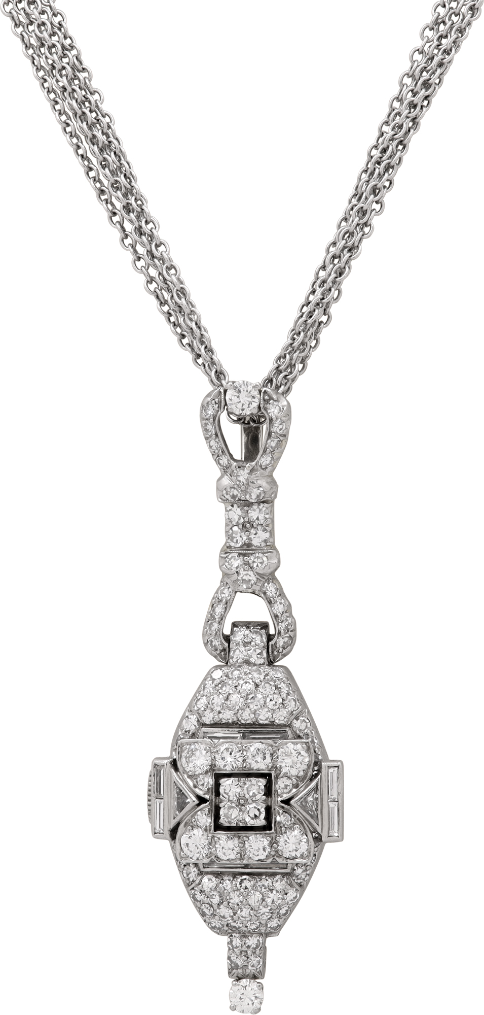 Diamond cocktail watch made into pendant in platinum on an 18k white gold multi strand chain