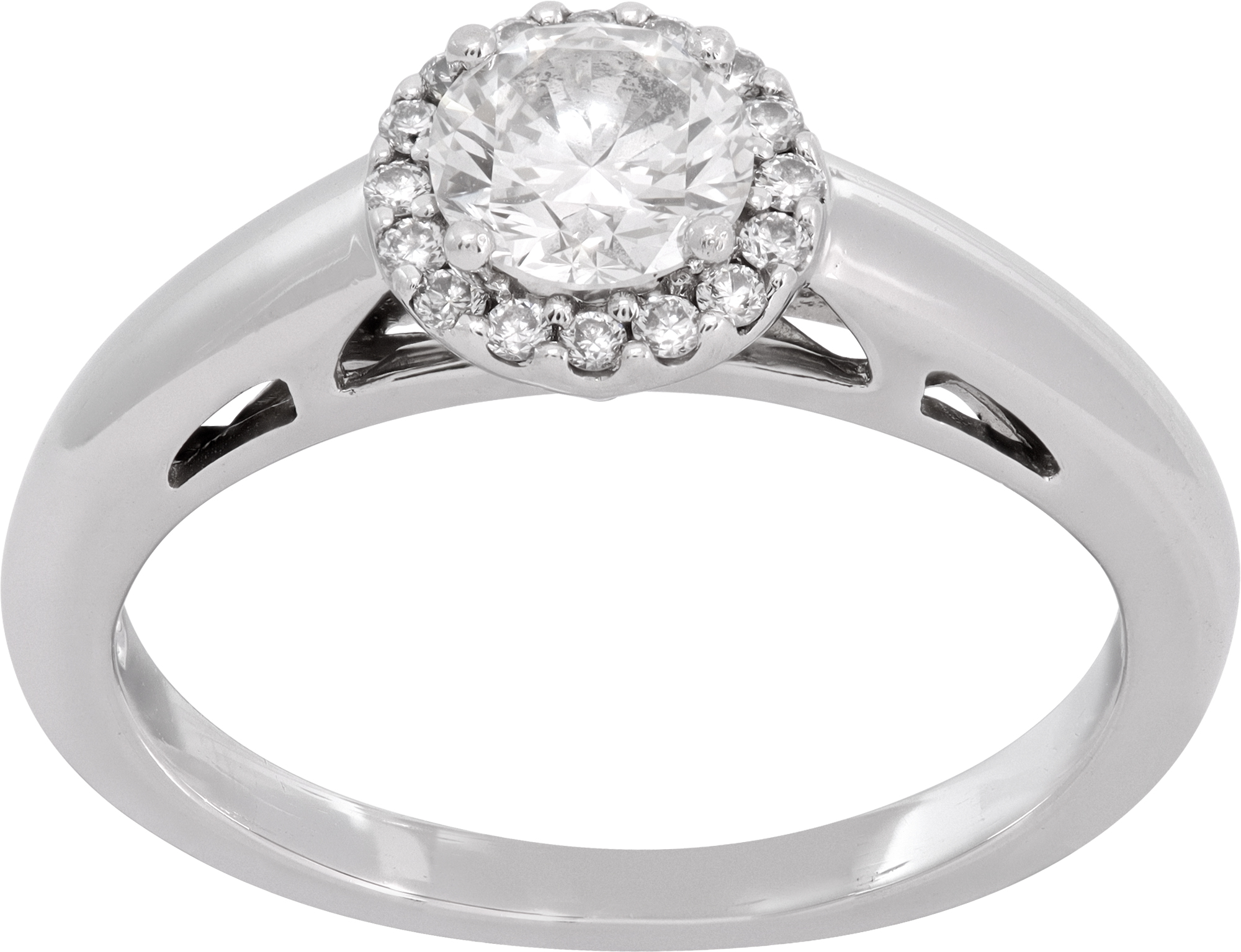 Diamond Halo Engagement Ring in platinum featuring a stunning round brilliant-cut diamond weighing approximately 0.50 carats in G-H color and S521679