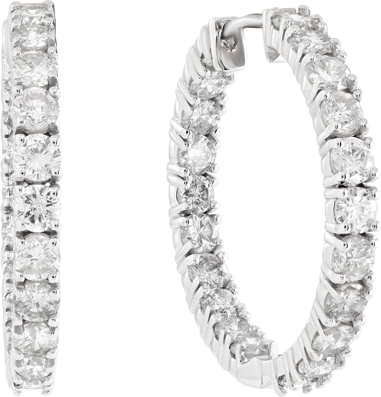 Diamond hoop earrings in 14k white gold with approximately 6.7 carats in round diamonds