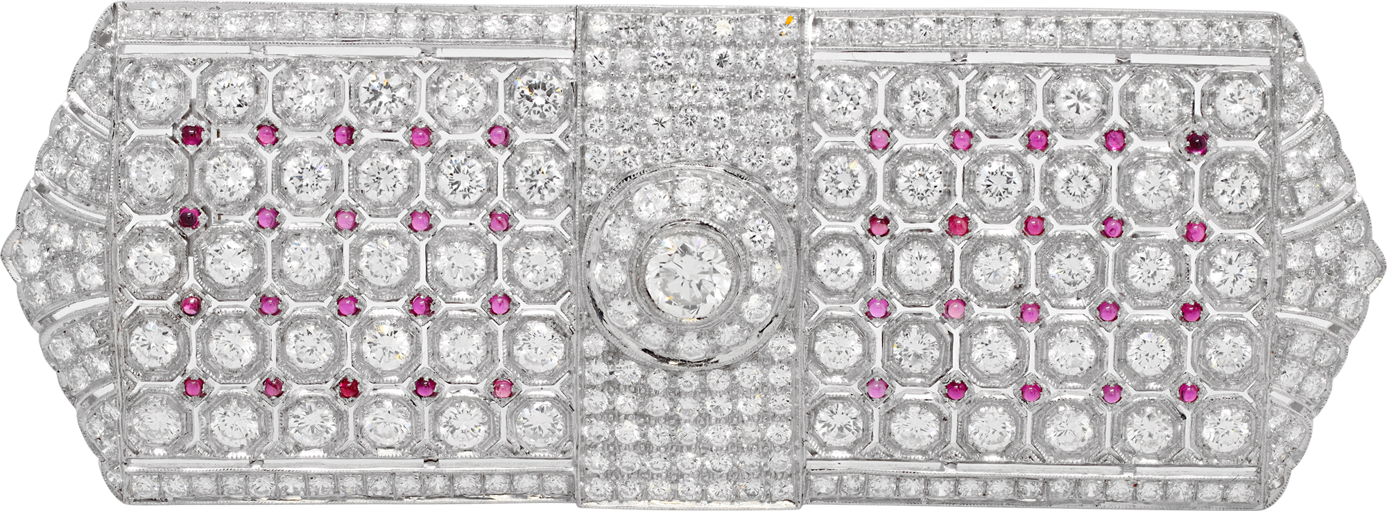 Diamond Rectangular Brooch wIth small rubies In 18k white gold S521640