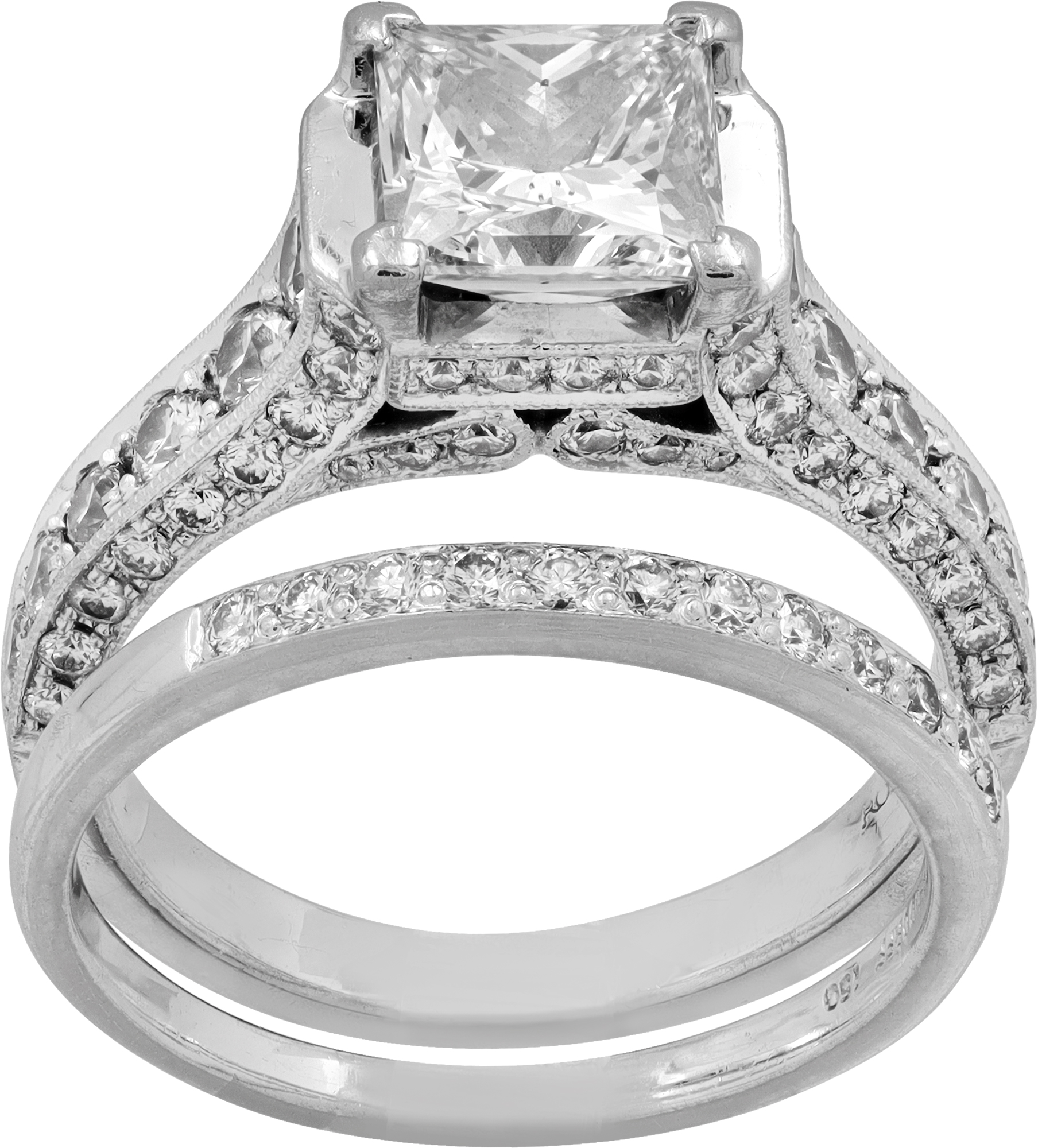 Diamond ring in 18k white gold with center princess cut 2.19 ct G SI1 diamond. Plus matching wedding band in 18k white gold S522171