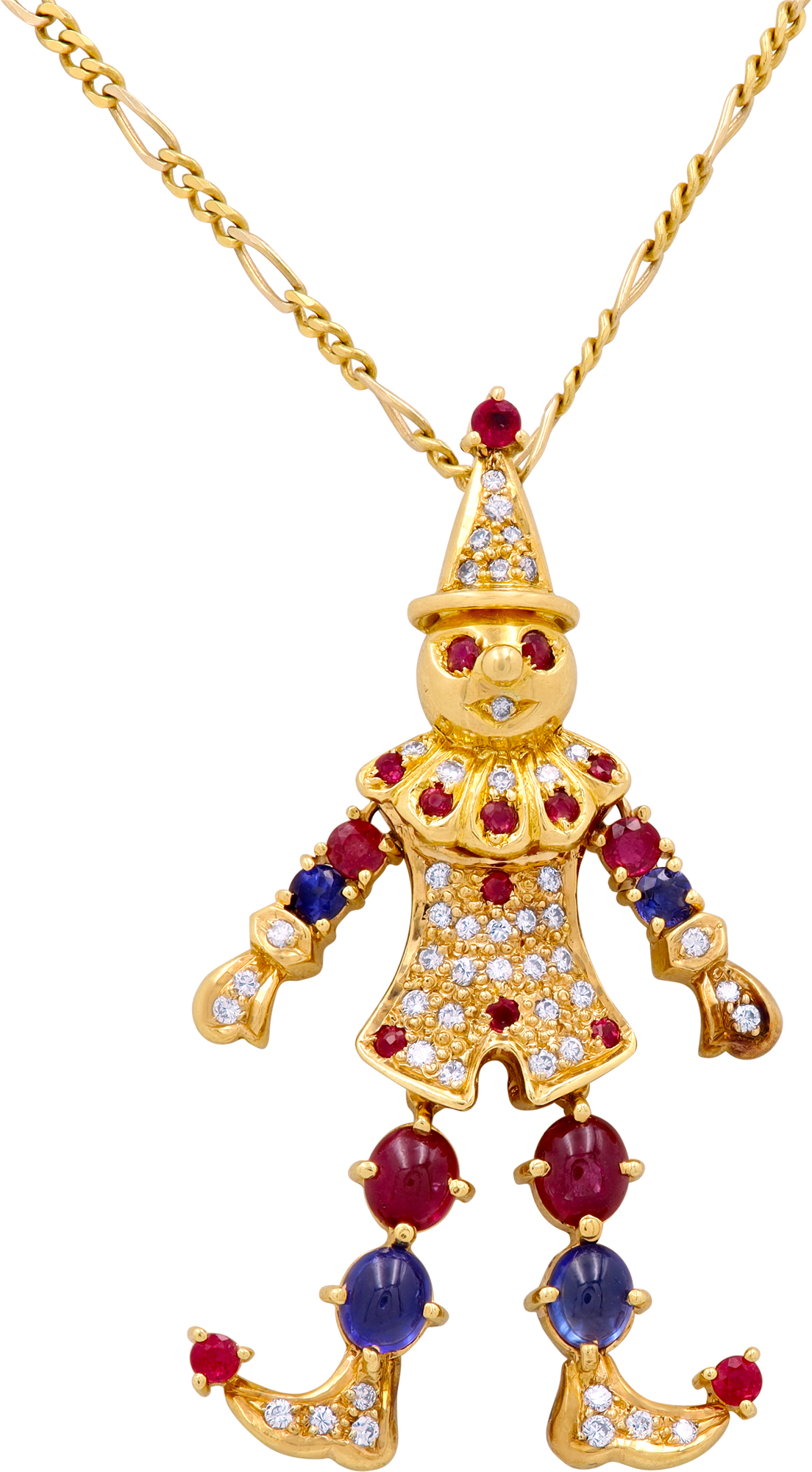 Diamond Ruby and Sapphire Jester/Clown Pendant on a Figaro Chain in 18k yellow gold N519065