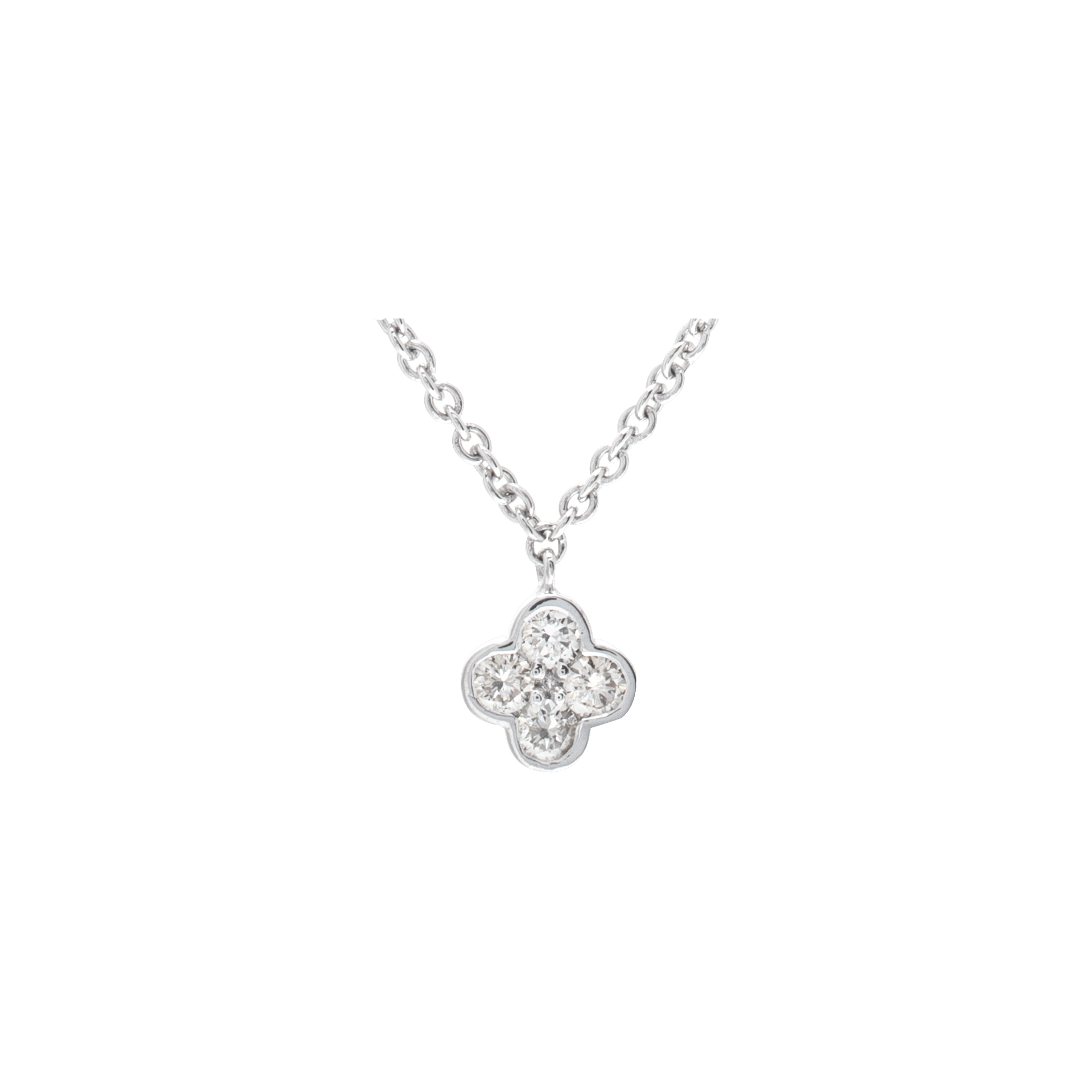 "Diamonds by the Yard" wih flower pendant and star motifs, set in 18K white gold with an 18 inches chain. Total diamonds approx. weight: 0.82 carat. "Diamonds by the Yard" wih flower pendant and star motifs, set in 18K white gold with an 18 inches chain. Total diamonds approx. weight: 0.82 carat.